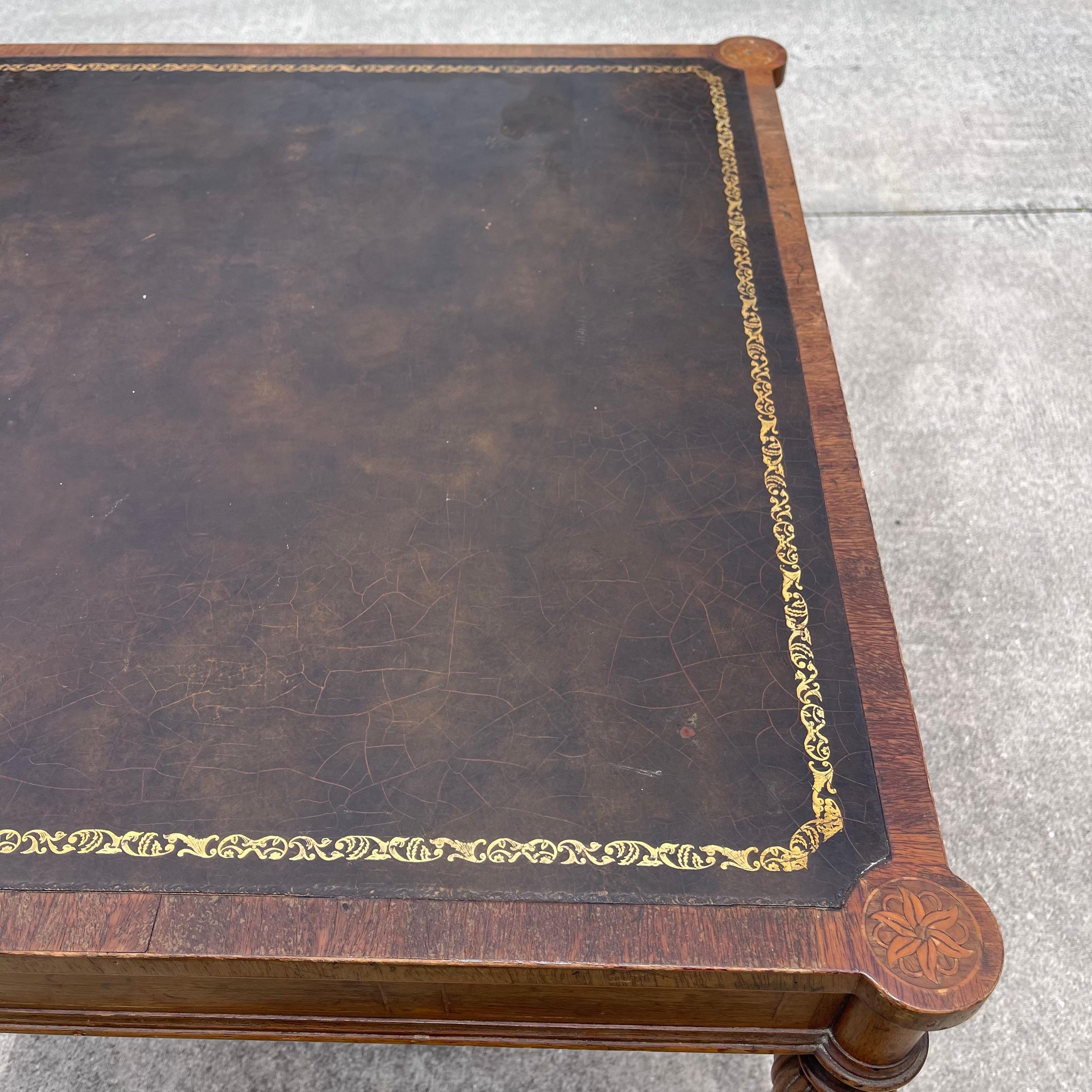 20th Century Carved Wood, Marquetry Inlaid, Tooled Leather Top Card Game Table w/ Drawers For Sale