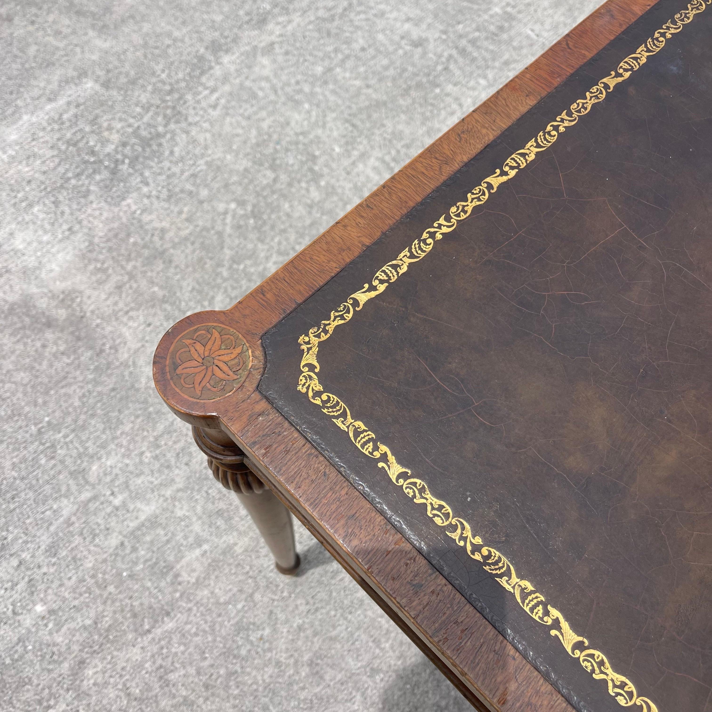 Carved Wood, Marquetry Inlaid, Tooled Leather Top Card Game Table w/ Drawers For Sale 1
