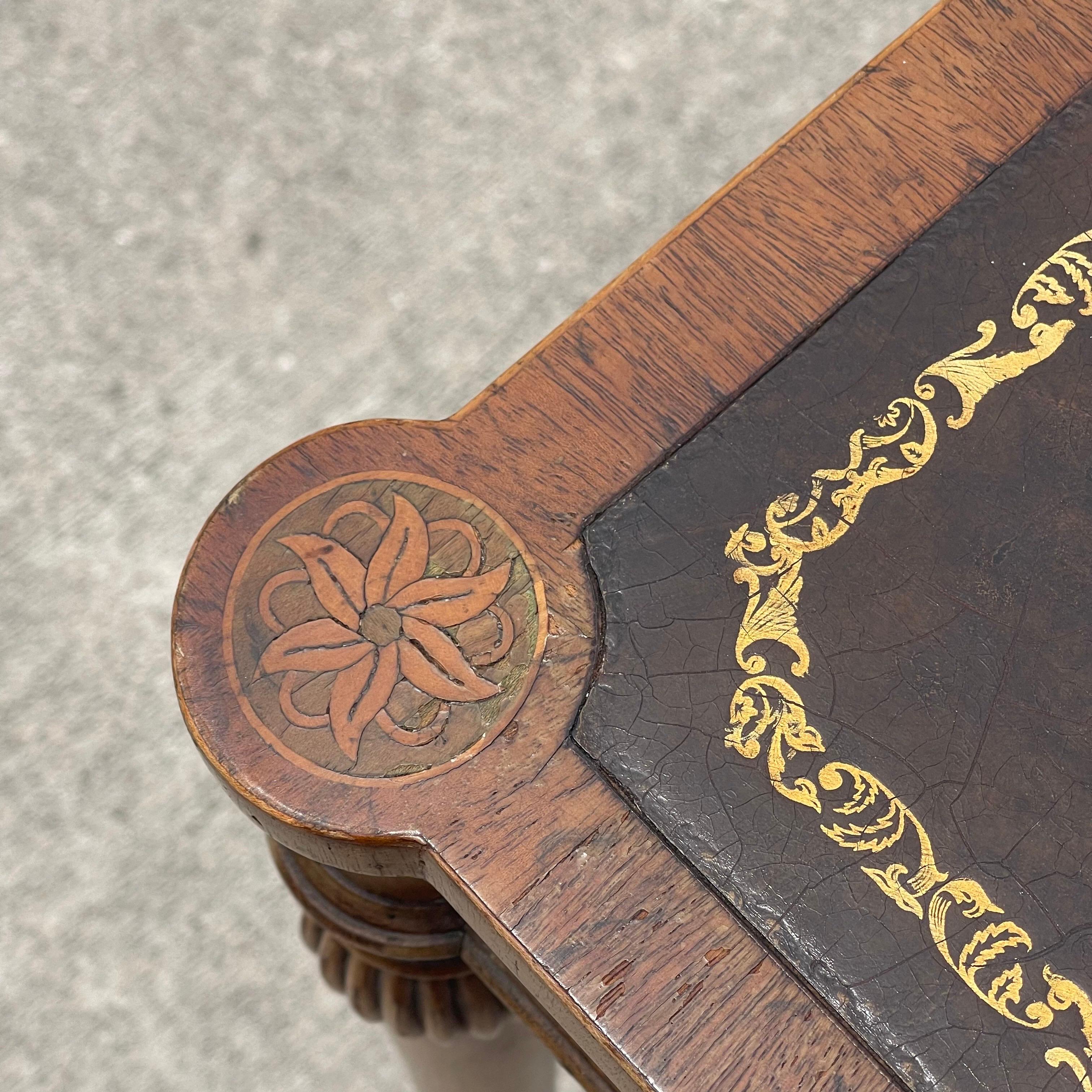 Carved Wood, Marquetry Inlaid, Tooled Leather Top Card Game Table w/ Drawers For Sale 2