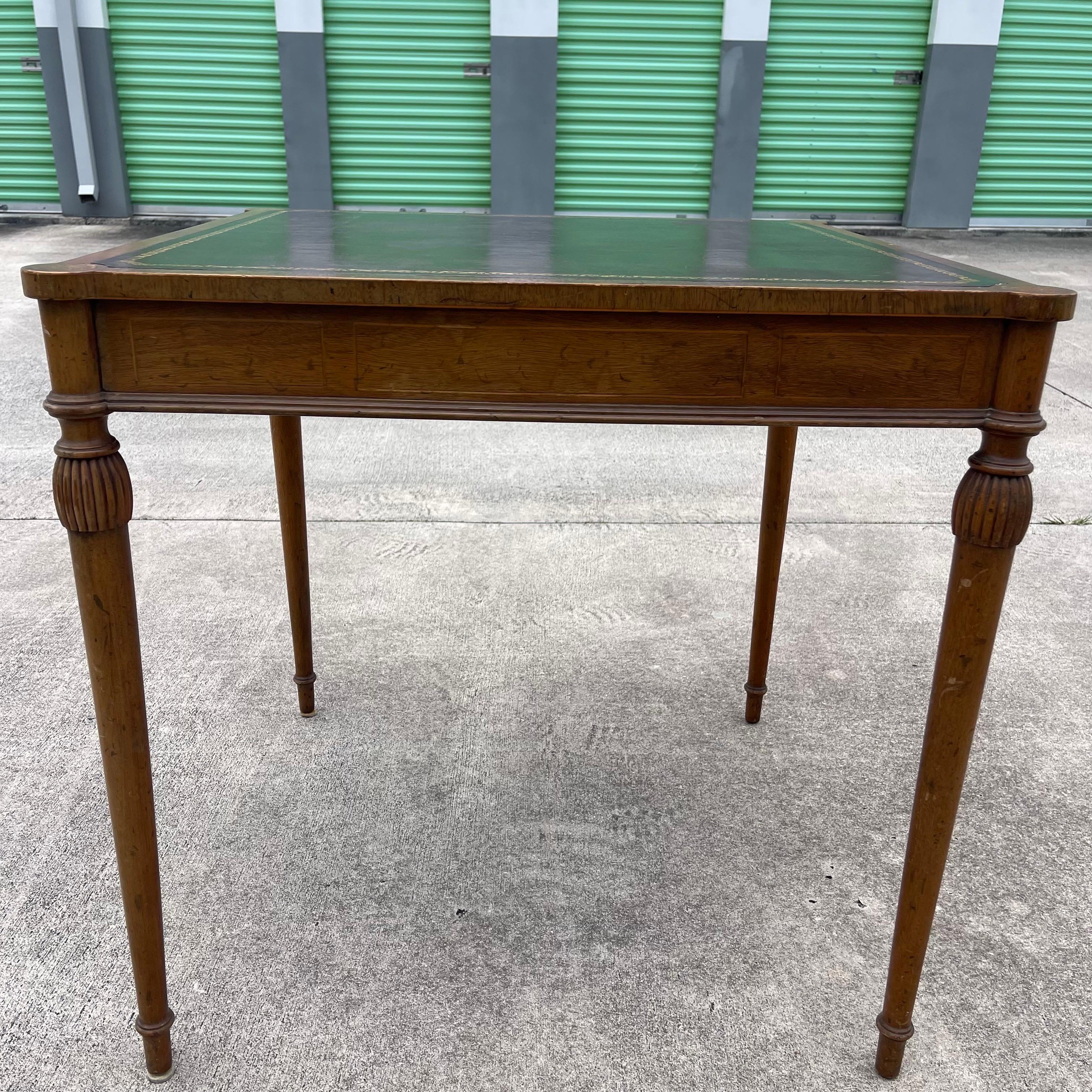 Carved Wood, Marquetry Inlaid, Tooled Leather Top Card Game Table w/ Drawers For Sale 5