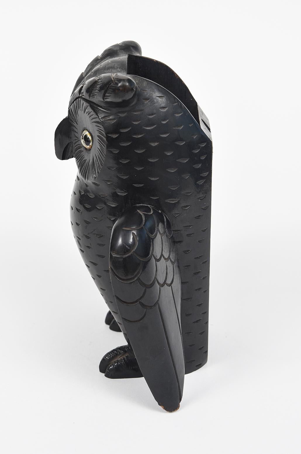 Carved Wood Owl Brush Holder for Tabletop or Wall Hung In Good Condition For Sale In Miami Beach, FL
