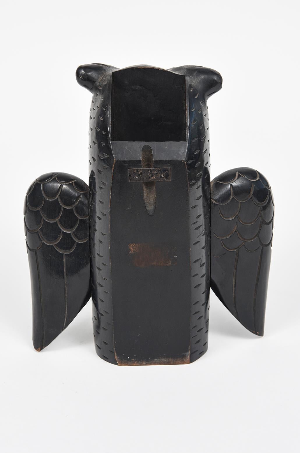 20th Century Carved Wood Owl Brush Holder for Tabletop or Wall Hung For Sale