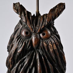 Carved wood owl table lamp by BEAL, circa 1970