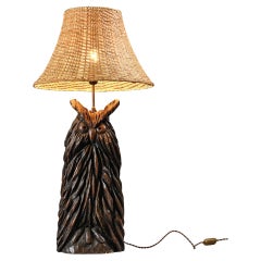 Carved wood owl table lamp by BEAL, circa 1970
