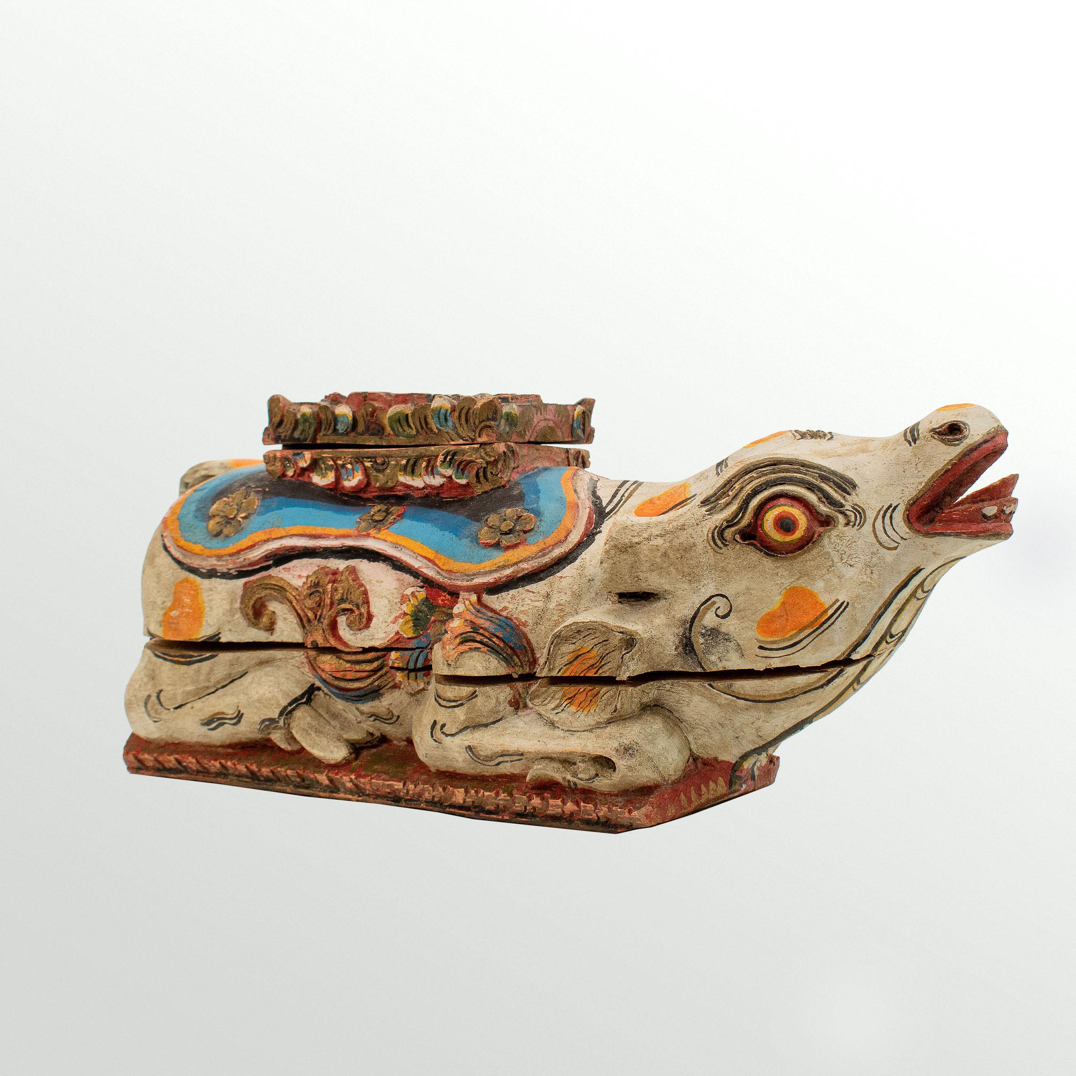 Indian Carved wood, painted and decorated HOLY COW and trinket box - India, circa 1910 For Sale