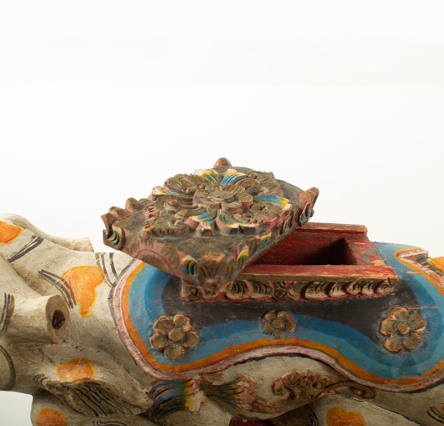 Wood Carved wood, painted and decorated HOLY COW and trinket box - India, circa 1910 For Sale
