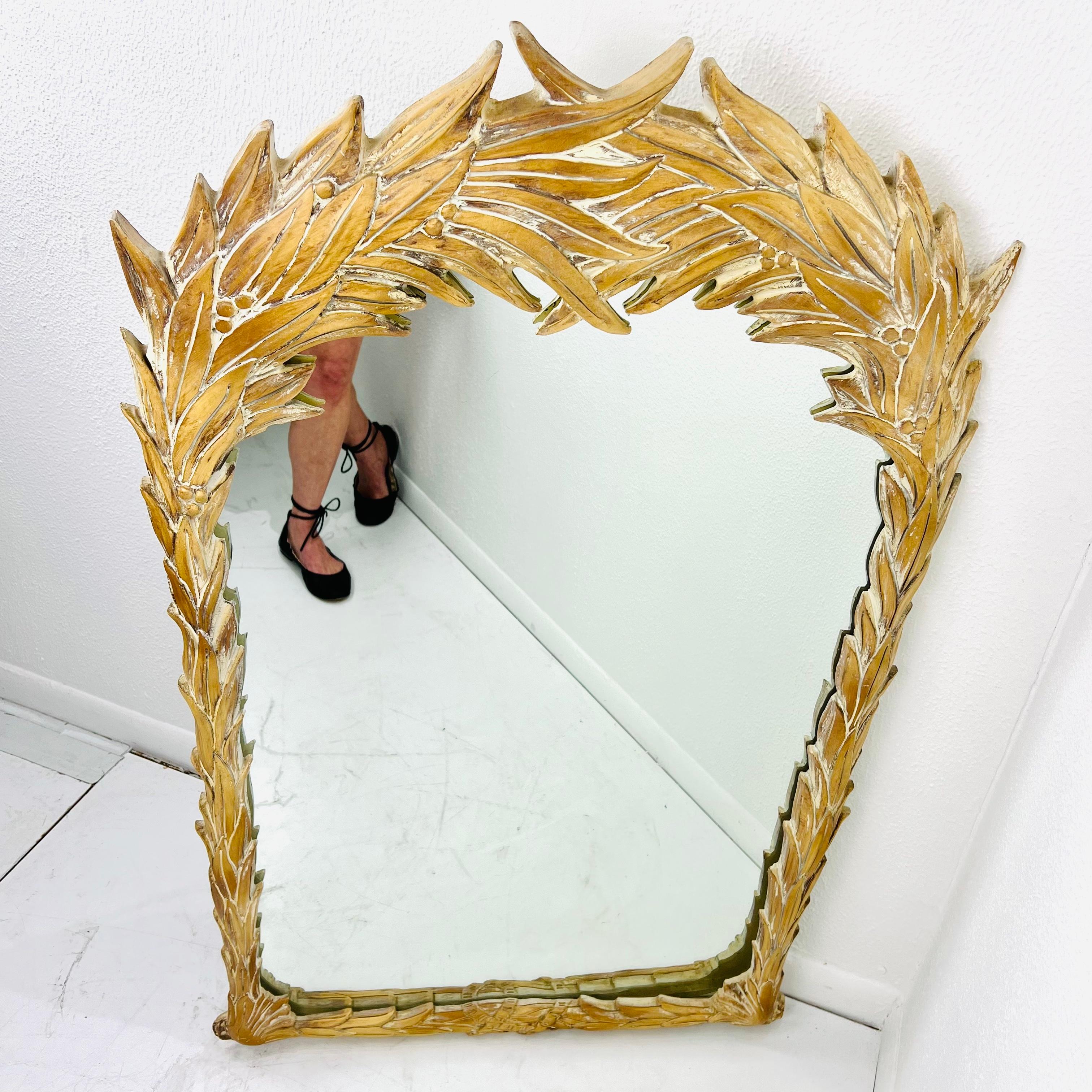 Hollywood Regency Carved Wood Palm Frond Mirror in the Style of Serge Roche For Sale