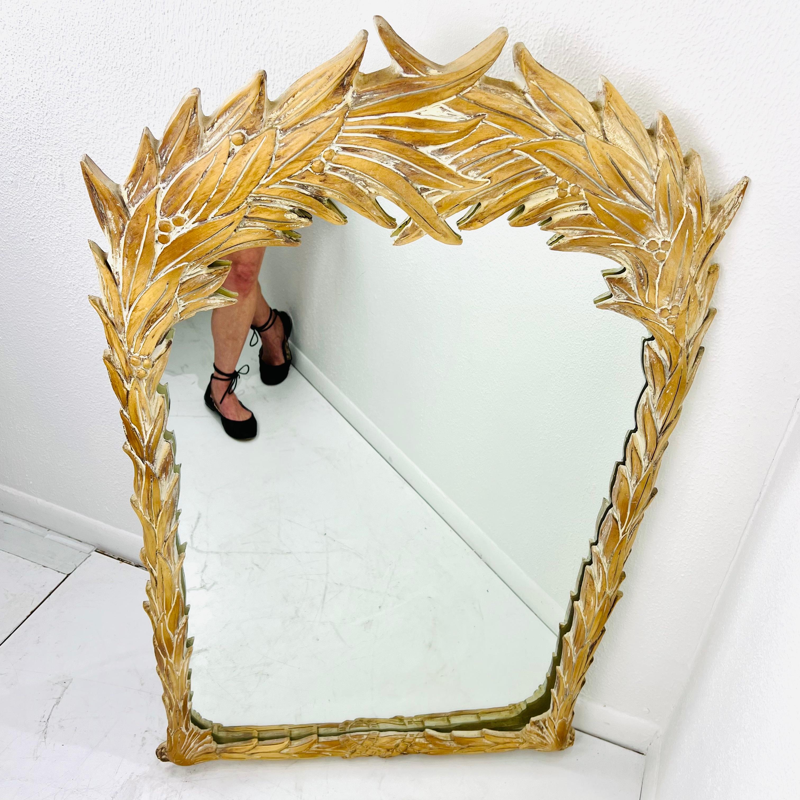 Hollywood Regency Carved Wood Palm Frond Mirror in the Style of Serge Roche
