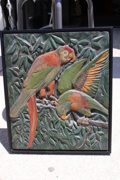 Carved Wood Panel with Two Parrots