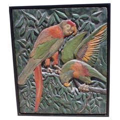 Carved Wood Panel with Two Parrots