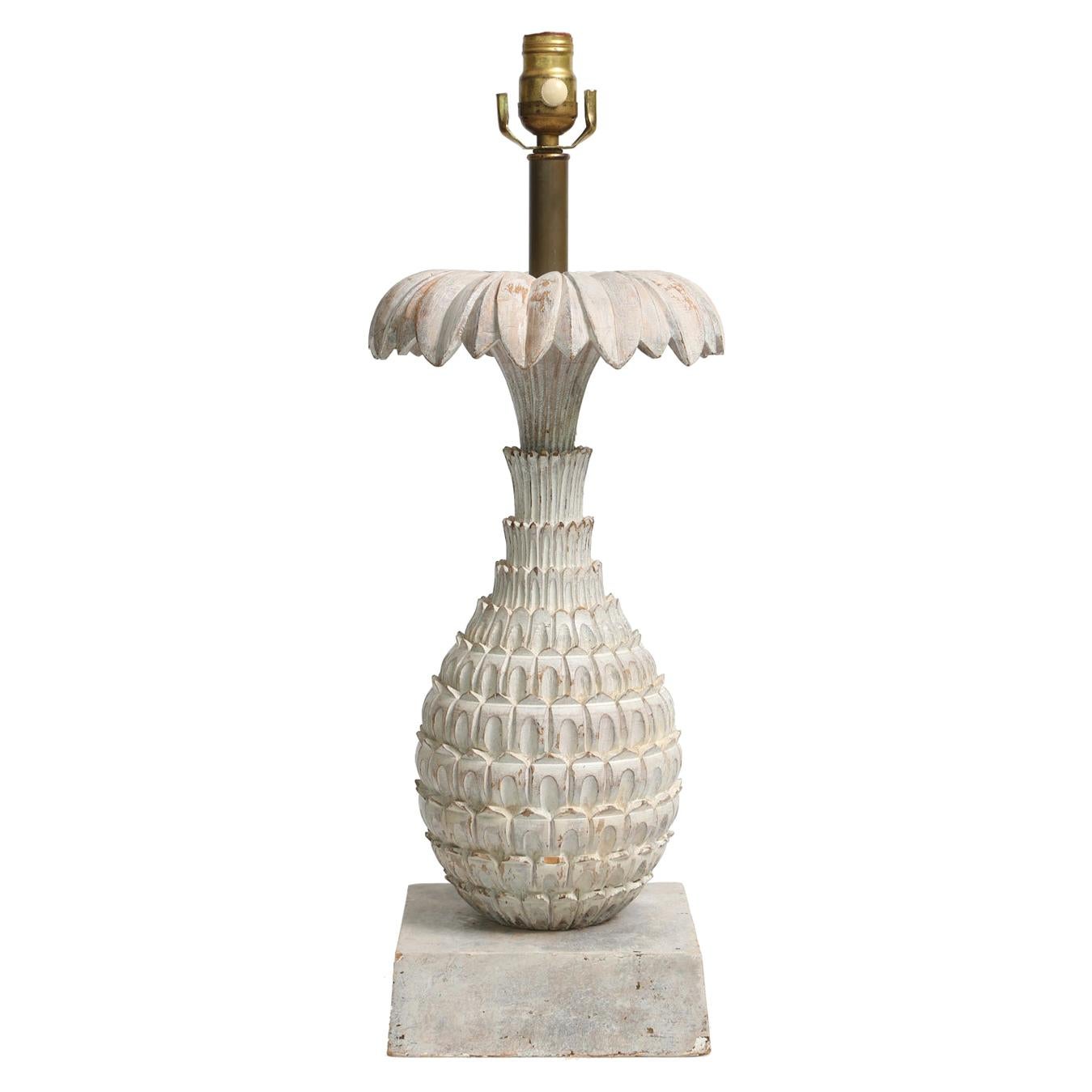 Carved Wood Pineapple Form Table Lamp For Sale