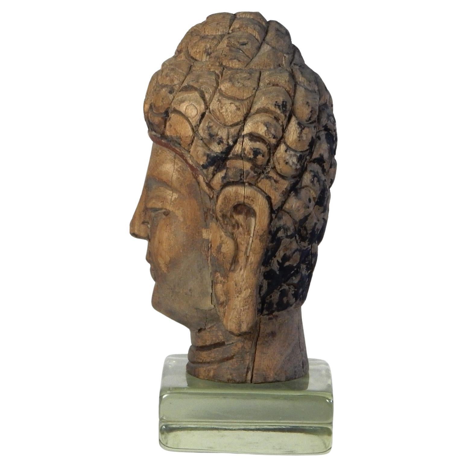 Chinoiserie Carved Wood & Polychrome Temple Fragment Head of Buddha  For Sale