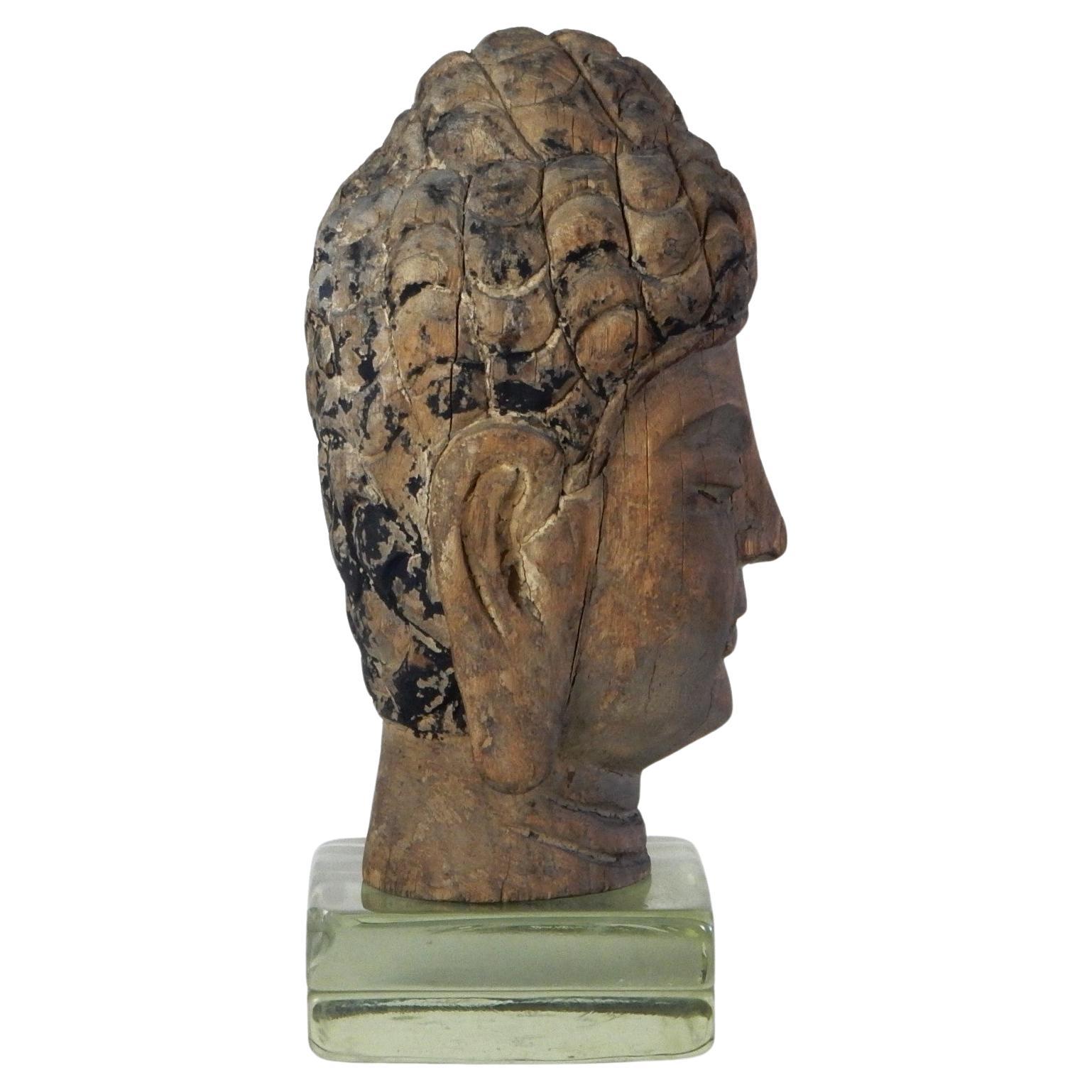 Carved Wood & Polychrome Temple Fragment Head of Buddha  In Fair Condition For Sale In Las Vegas, NV