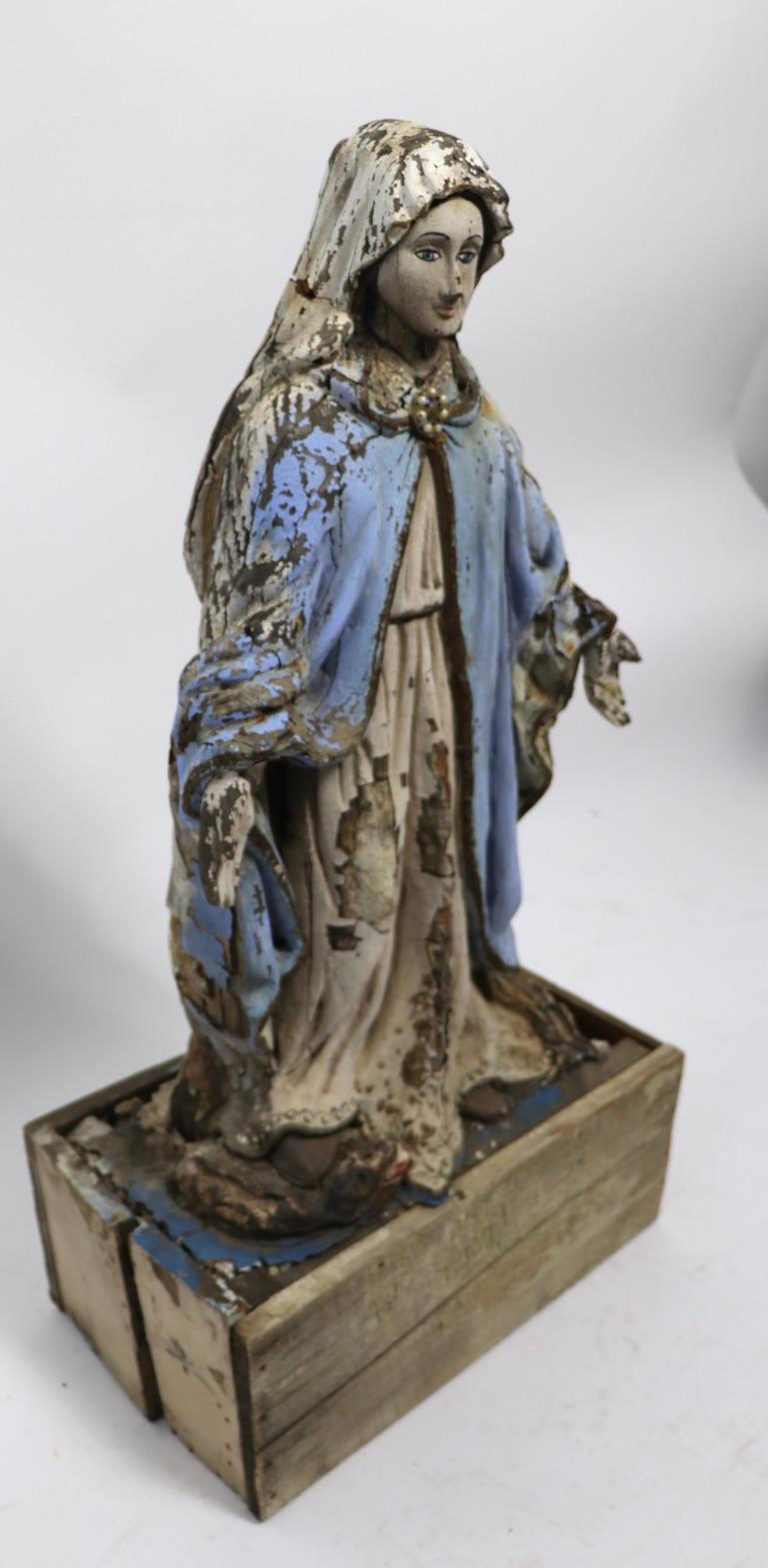 Carved Wood Polychrome Virgin Mary Statue For Sale 1