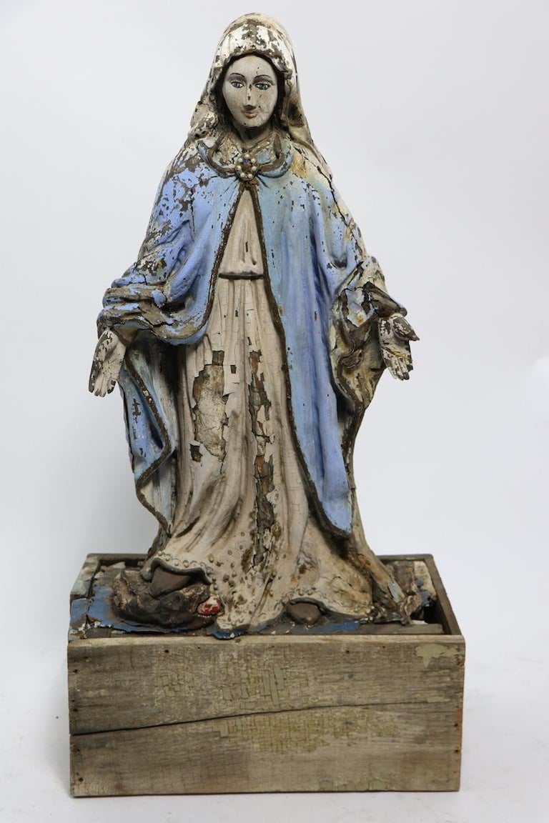 Carved Wood Polychrome Virgin Mary Statue For Sale at 1stDibs | wooden ...