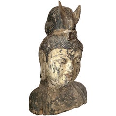 Antique Carved Wood Quan Yin with Bird