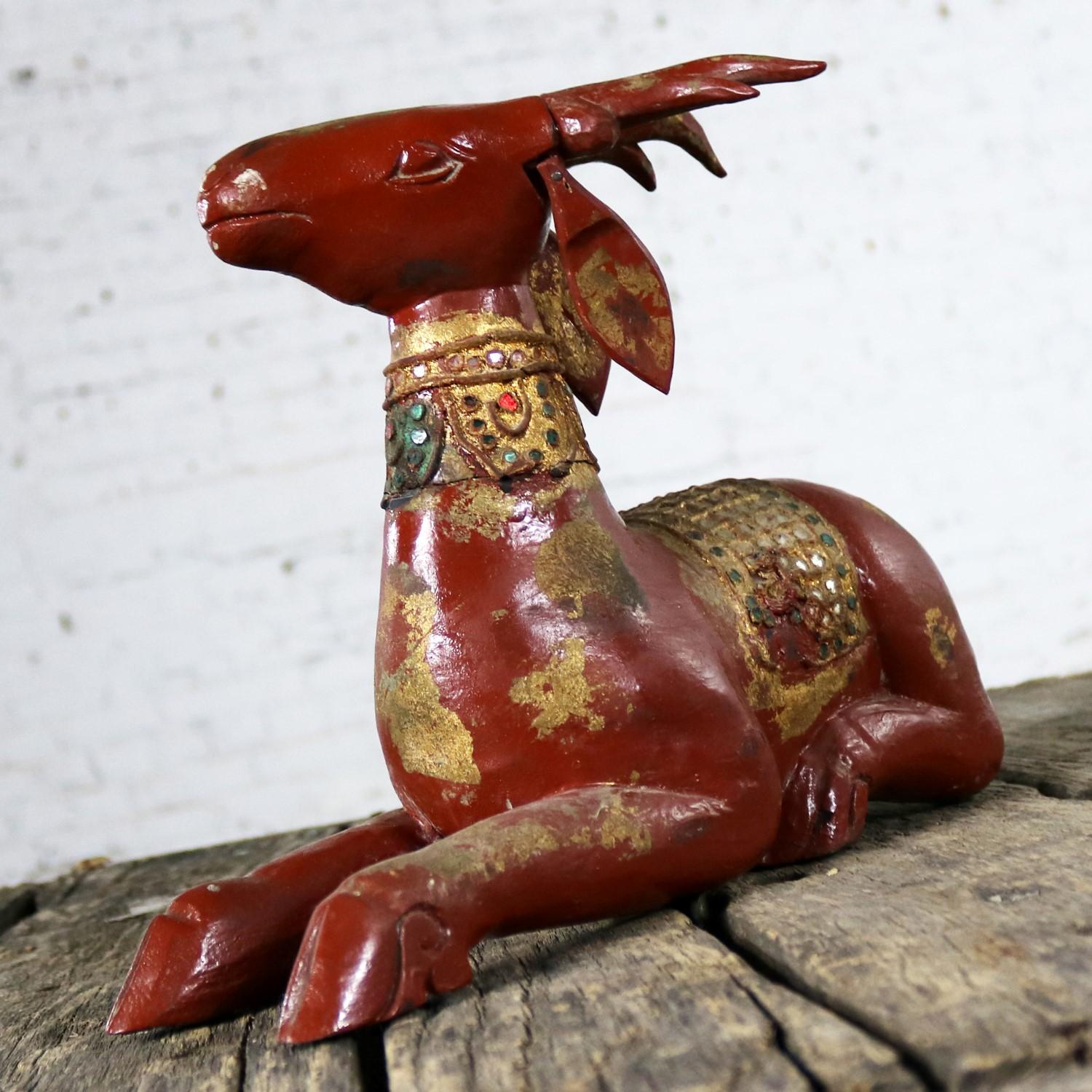 20th Century Carved Wood Recumbent Deer with Jewels and Gilding from Thailand