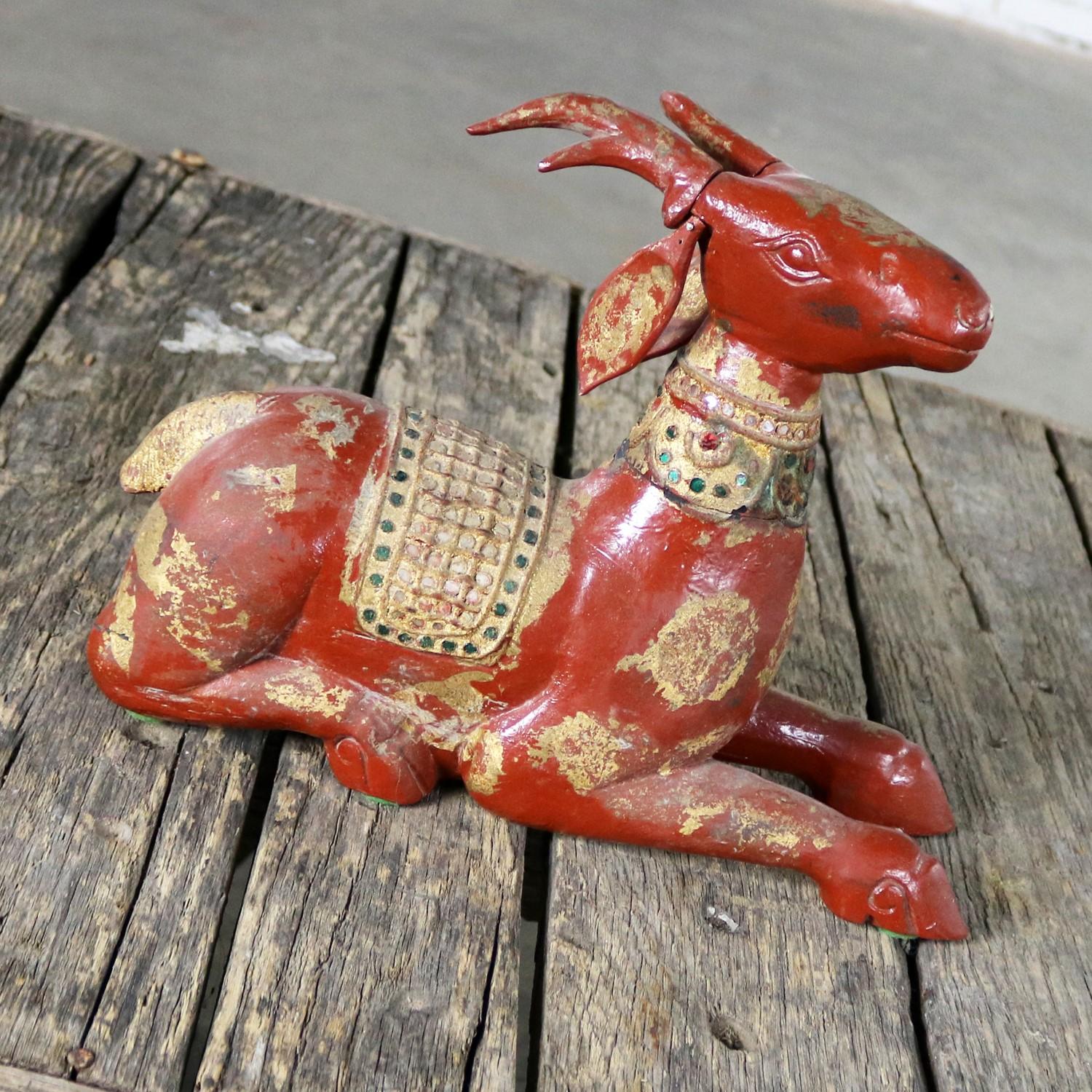 Carved Wood Recumbent Deer with Jewels and Gilding from Thailand 1