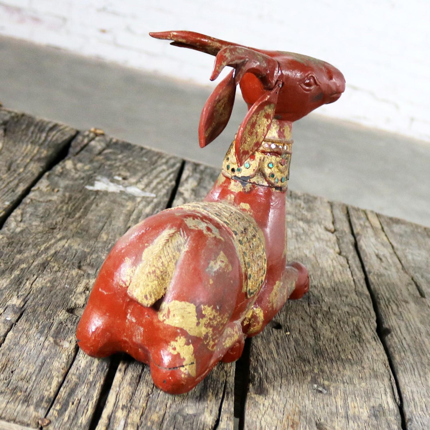 Carved Wood Recumbent Deer with Jewels and Gilding from Thailand 2