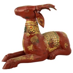 Carved Wood Recumbent Deer with Jewels and Gilding from Thailand