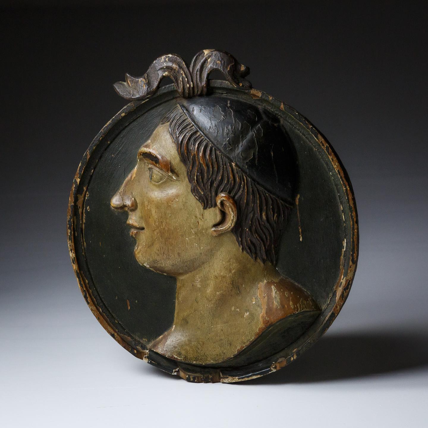 Carved Wood Relief Portrait Polychromed Roundel of a Young Roman 2