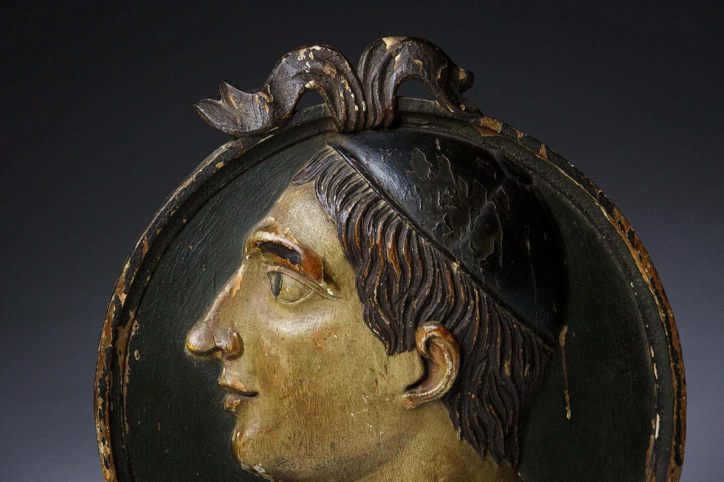 Carved Wood Relief Portrait Polychromed Roundel of a Young Roman 3