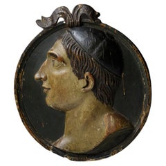 Carved Wood Relief Portrait Polychromed Roundel of a Young Roman