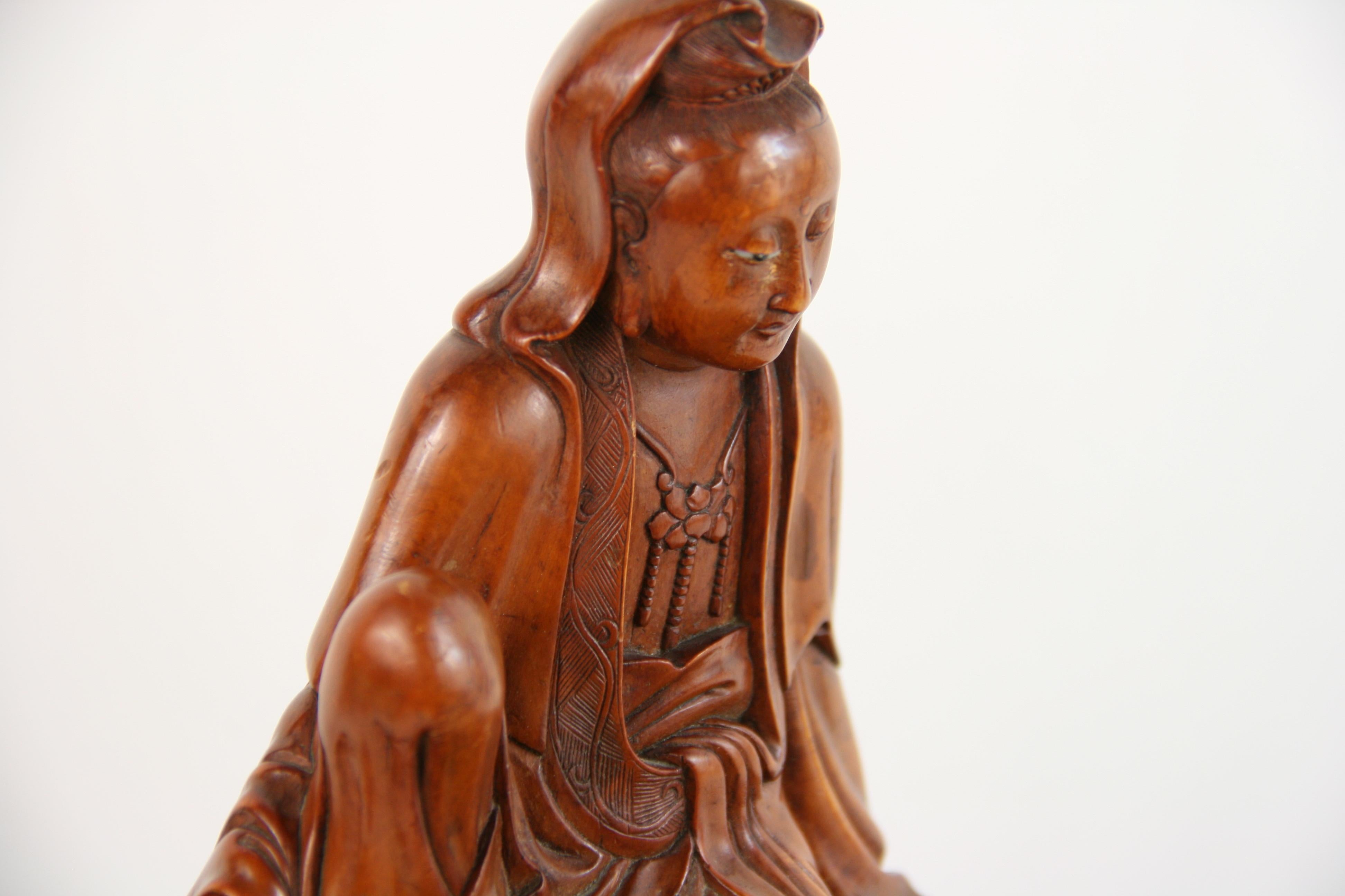Carved Boxwood Figure of Guangin on Wood Base, 19th Century 6