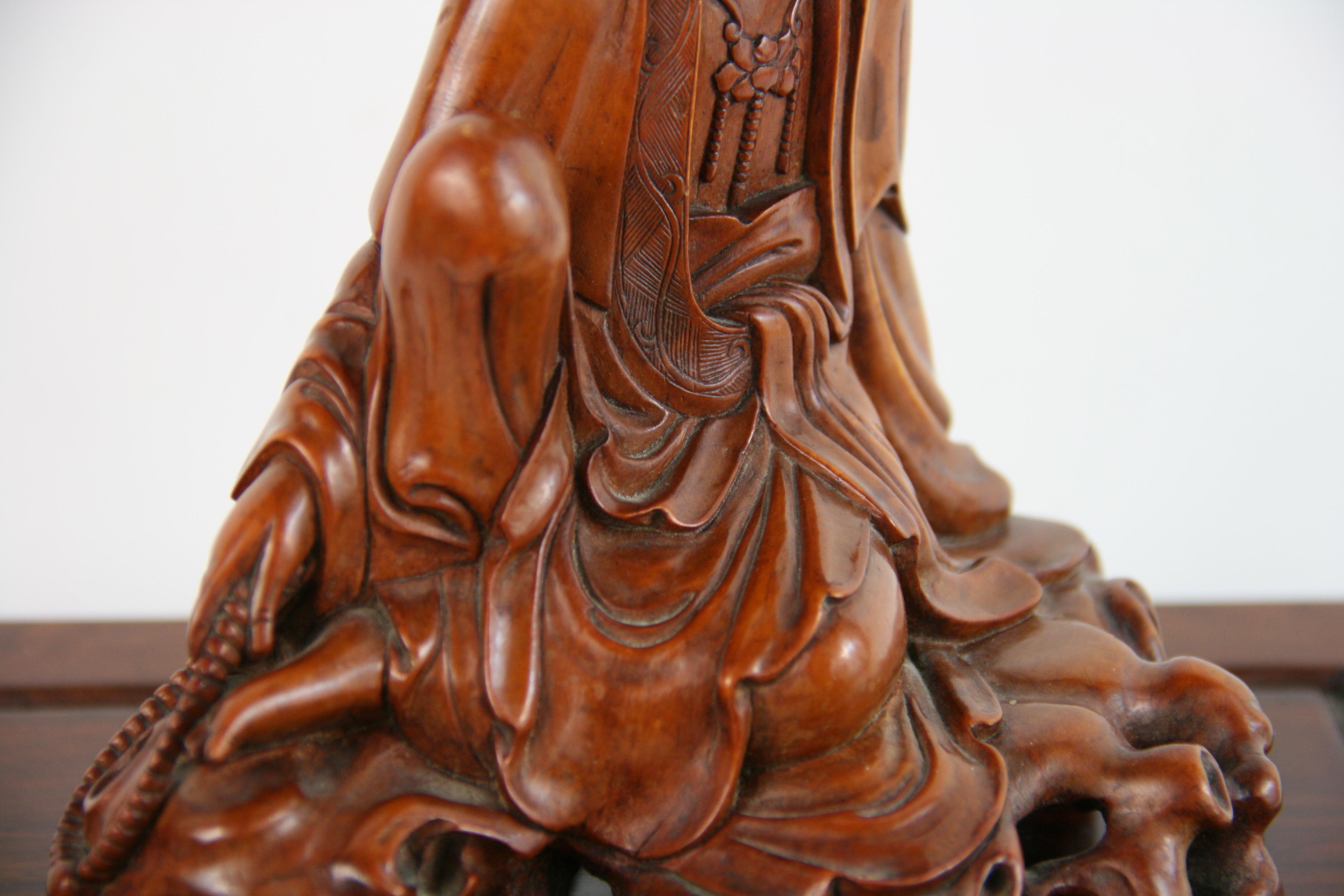 Carved Boxwood Figure of Guangin on Wood Base, 19th Century 7