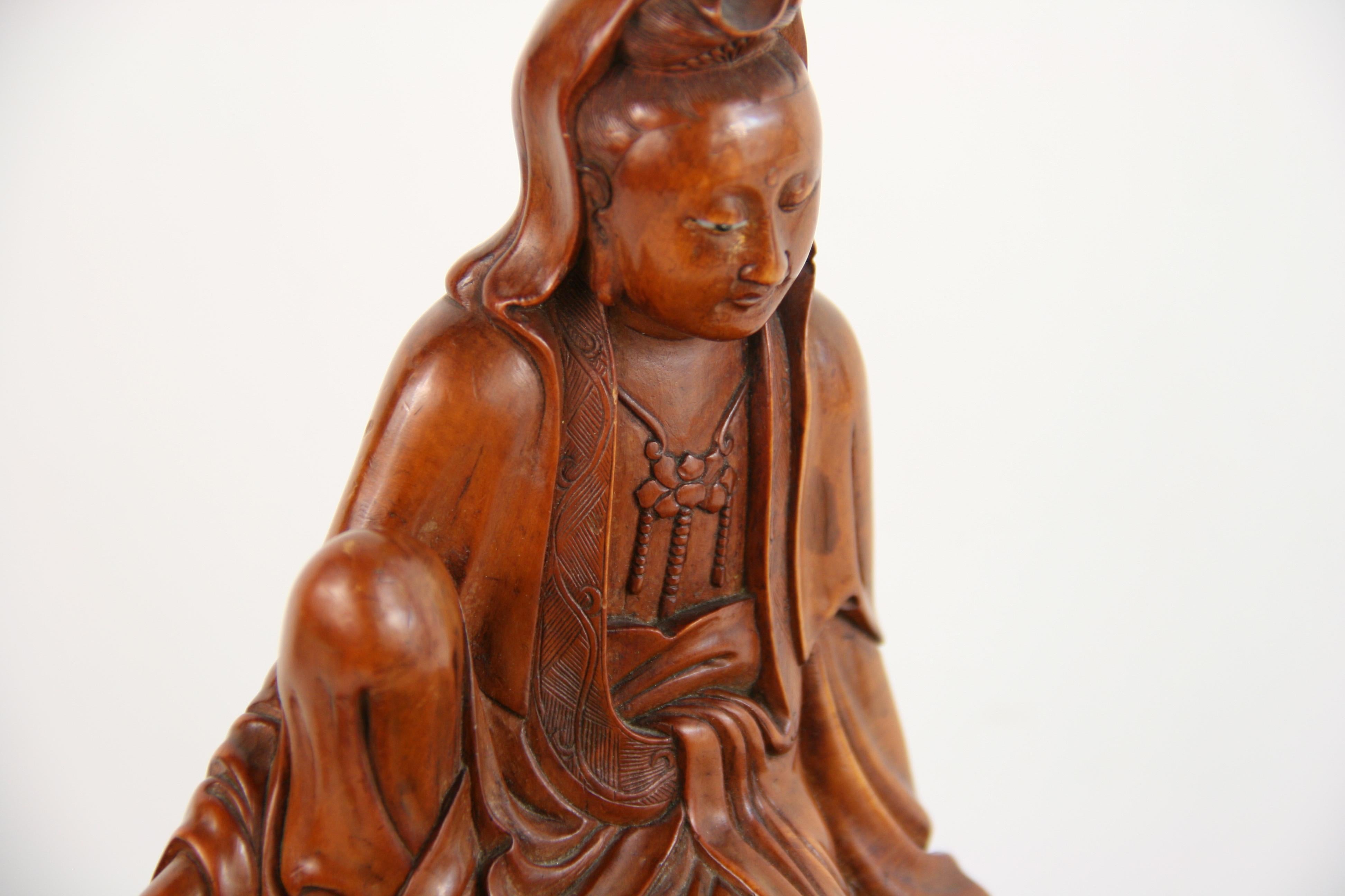 Carved Boxwood Figure of Guangin on Wood Base, 19th Century 10