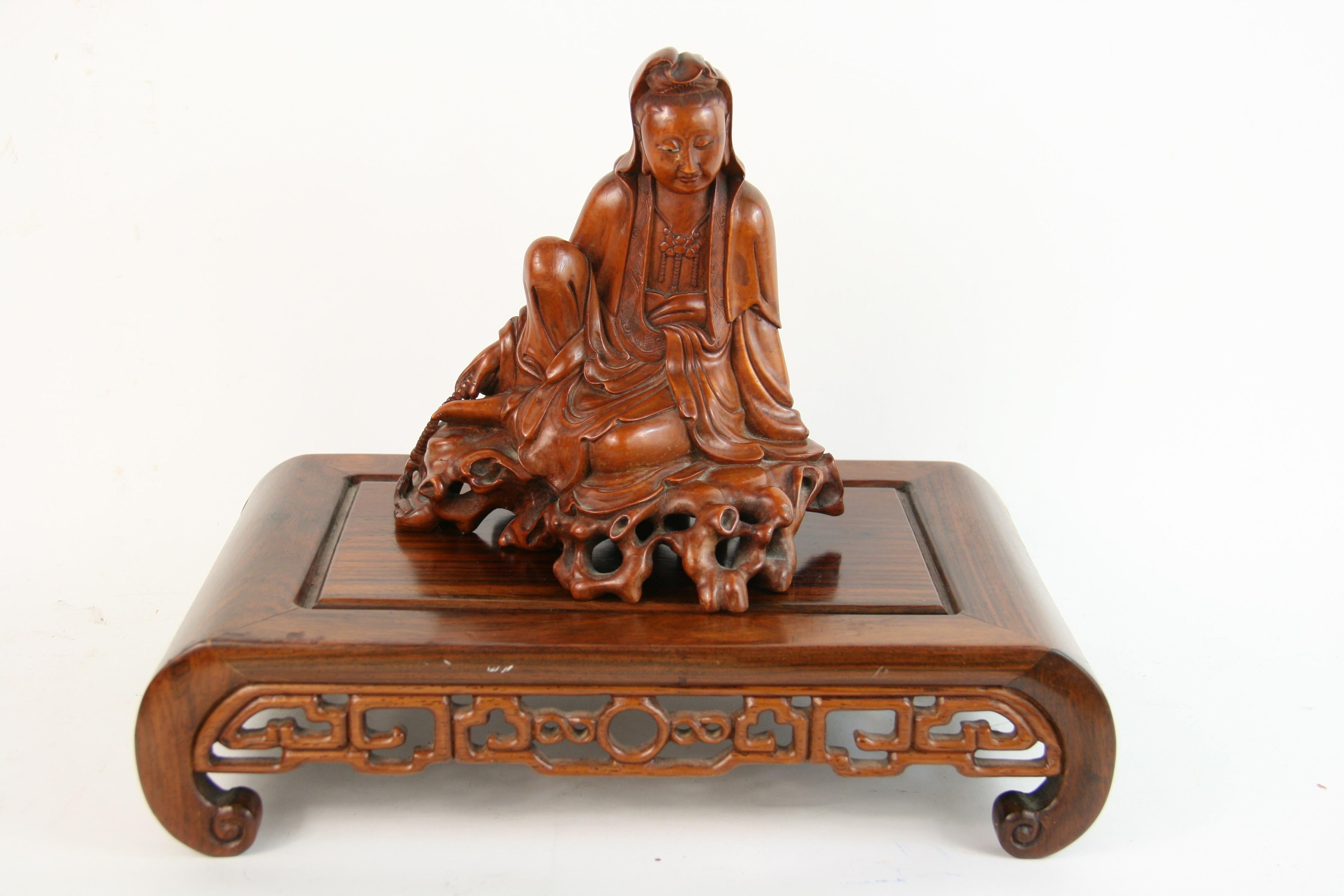 Carved Boxwood Figure of Guangin on Wood Base, 19th Century 11