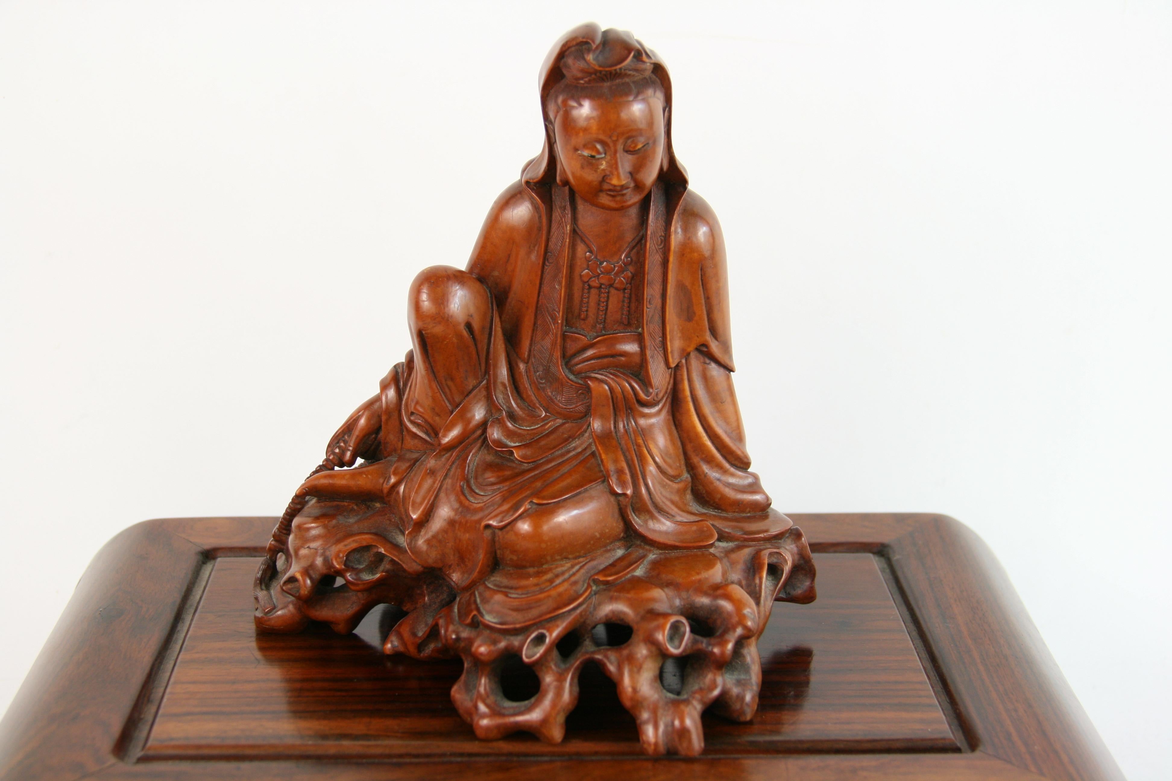 Chinese Carved Boxwood Figure of Guangin on Wood Base, 19th Century