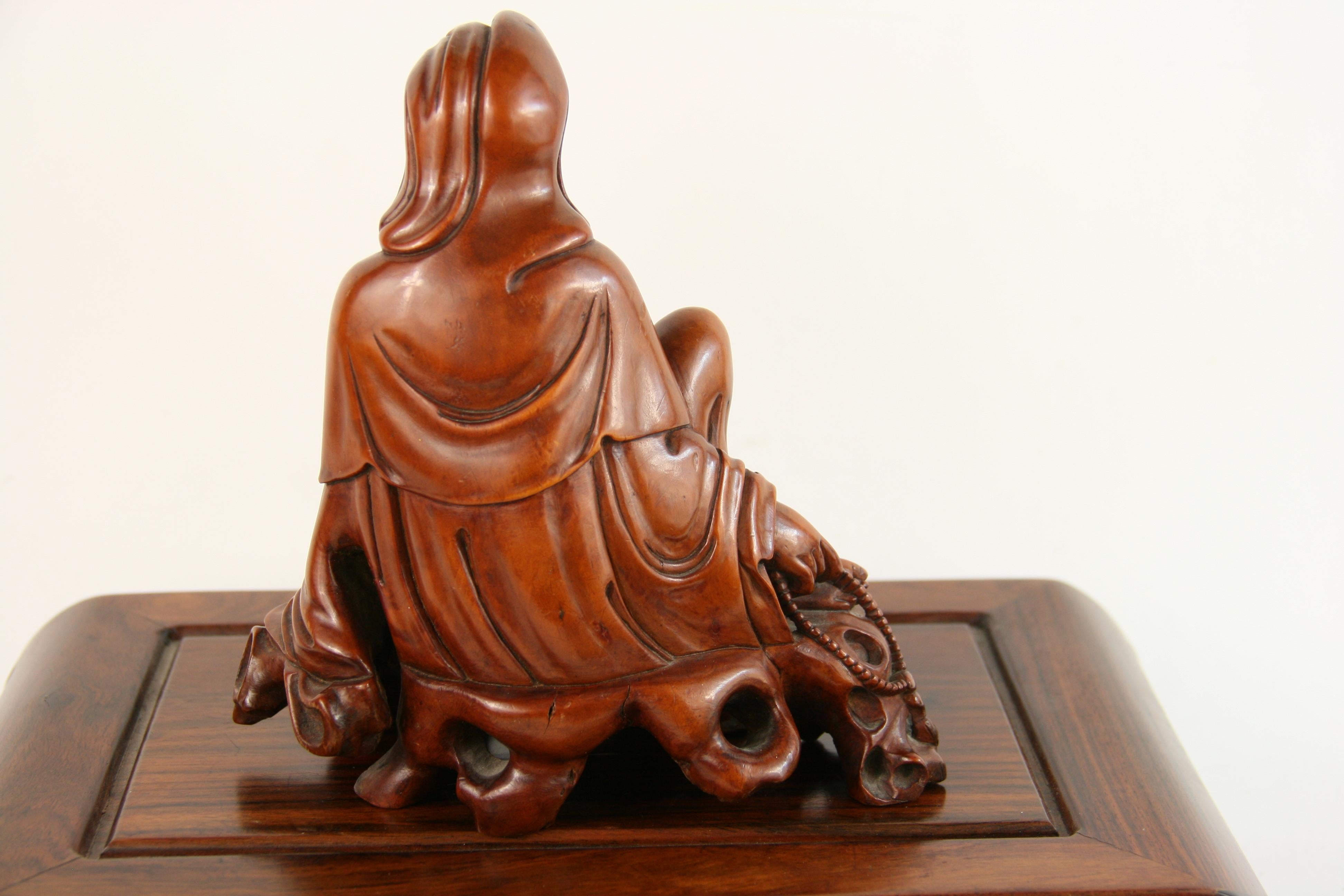 Carved Boxwood Figure of Guangin on Wood Base, 19th Century 3