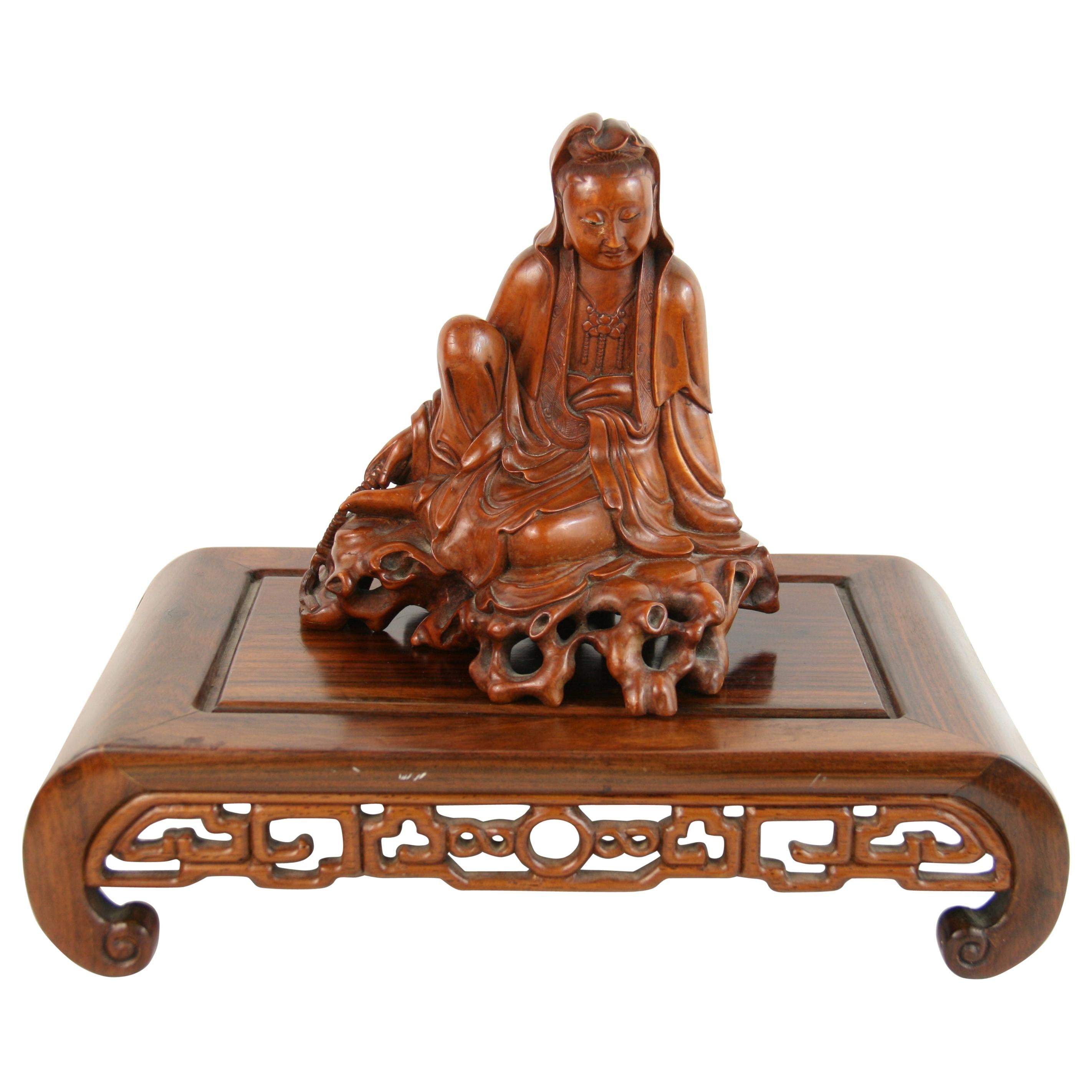 Carved Boxwood Figure of Guangin on Wood Base, 19th Century