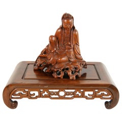 Antique Carved Boxwood Figure of Guangin on Wood Base, 19th Century