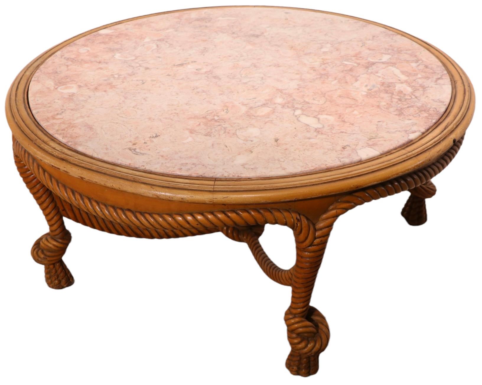 Carved Wood Rope Twist and Rouge Marble Top Coffee Table In Good Condition For Sale In New York, NY