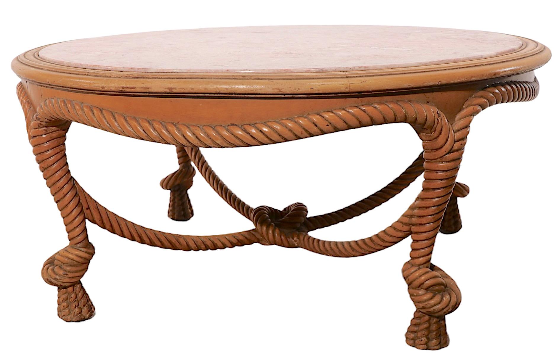 20th Century Carved Wood Rope Twist and Rouge Marble Top Coffee Table For Sale