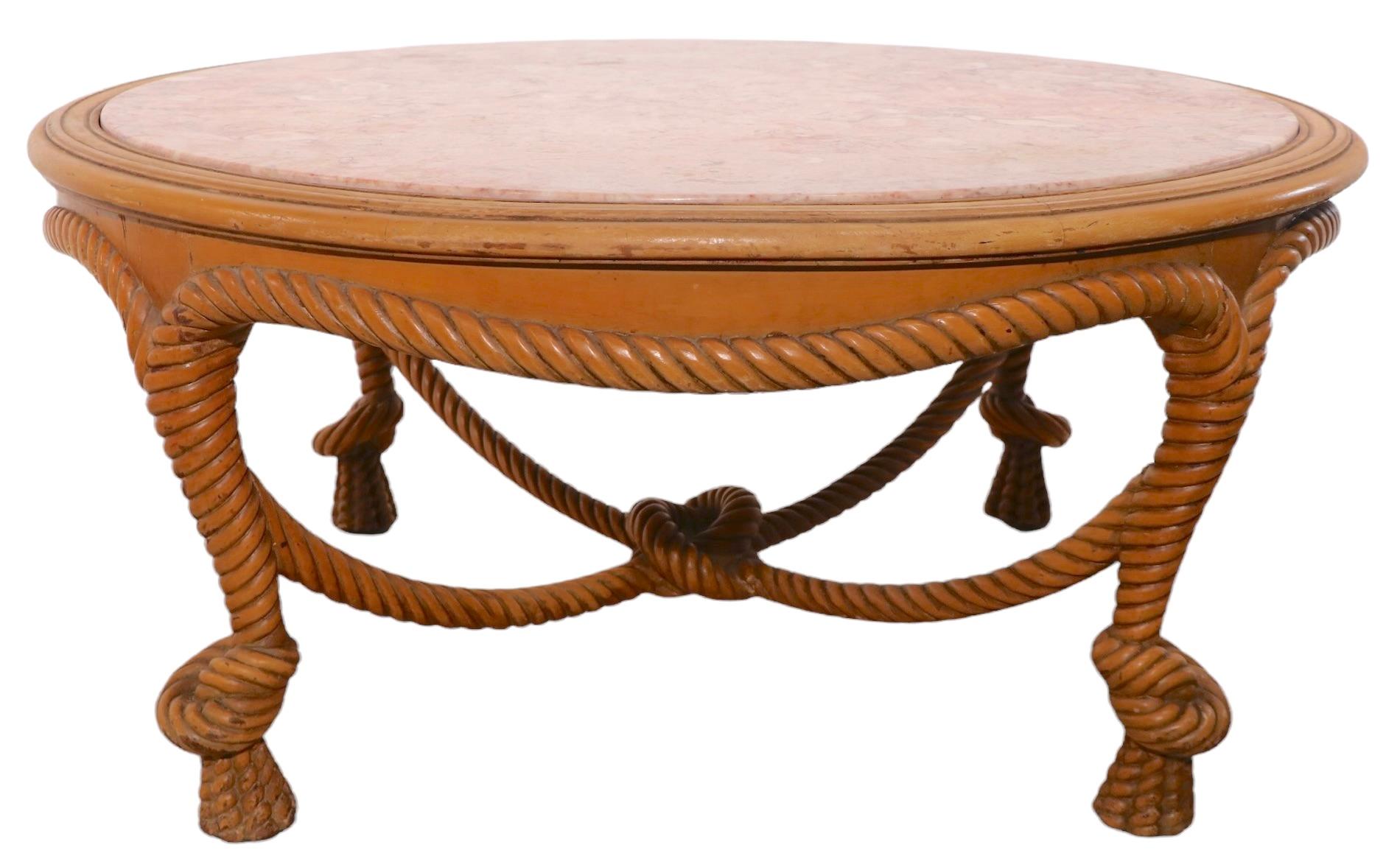 Carved Wood Rope Twist and Rouge Marble Top Coffee Table For Sale 1