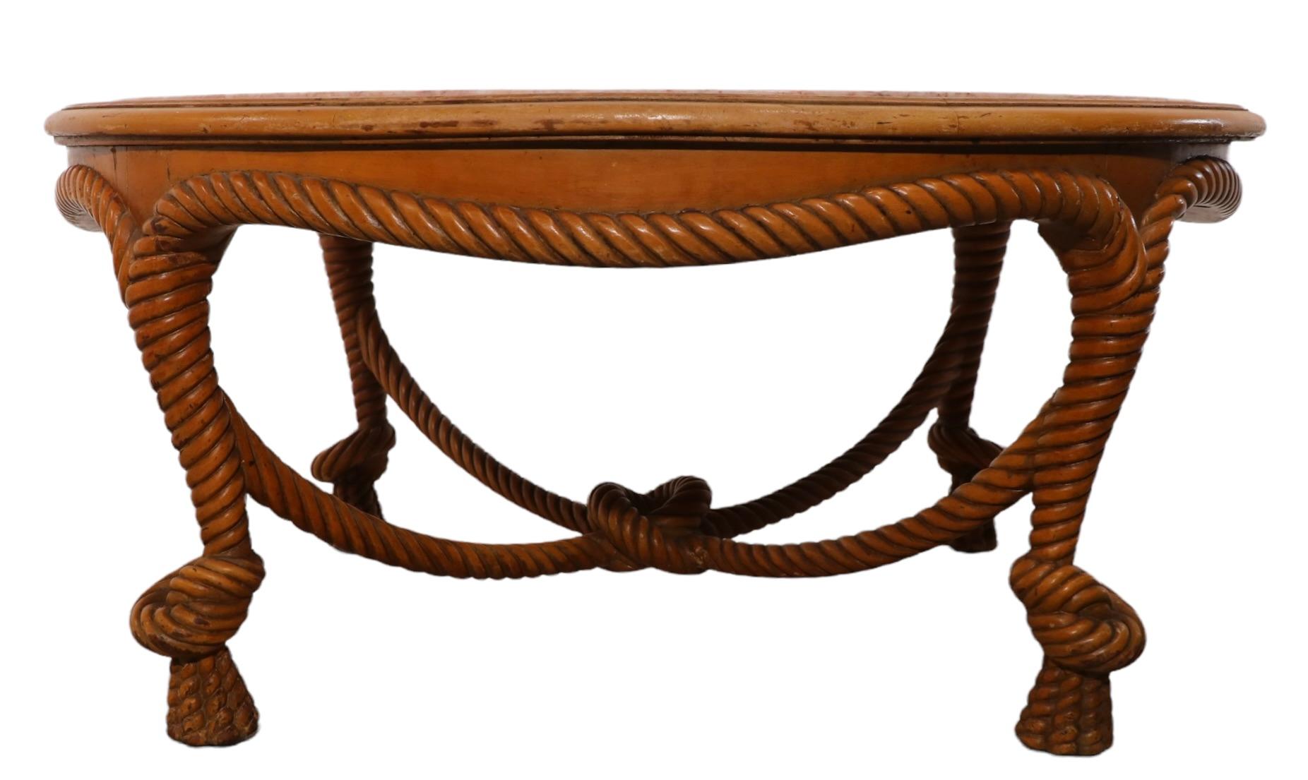 Carved Wood Rope Twist and Rouge Marble Top Coffee Table For Sale 2