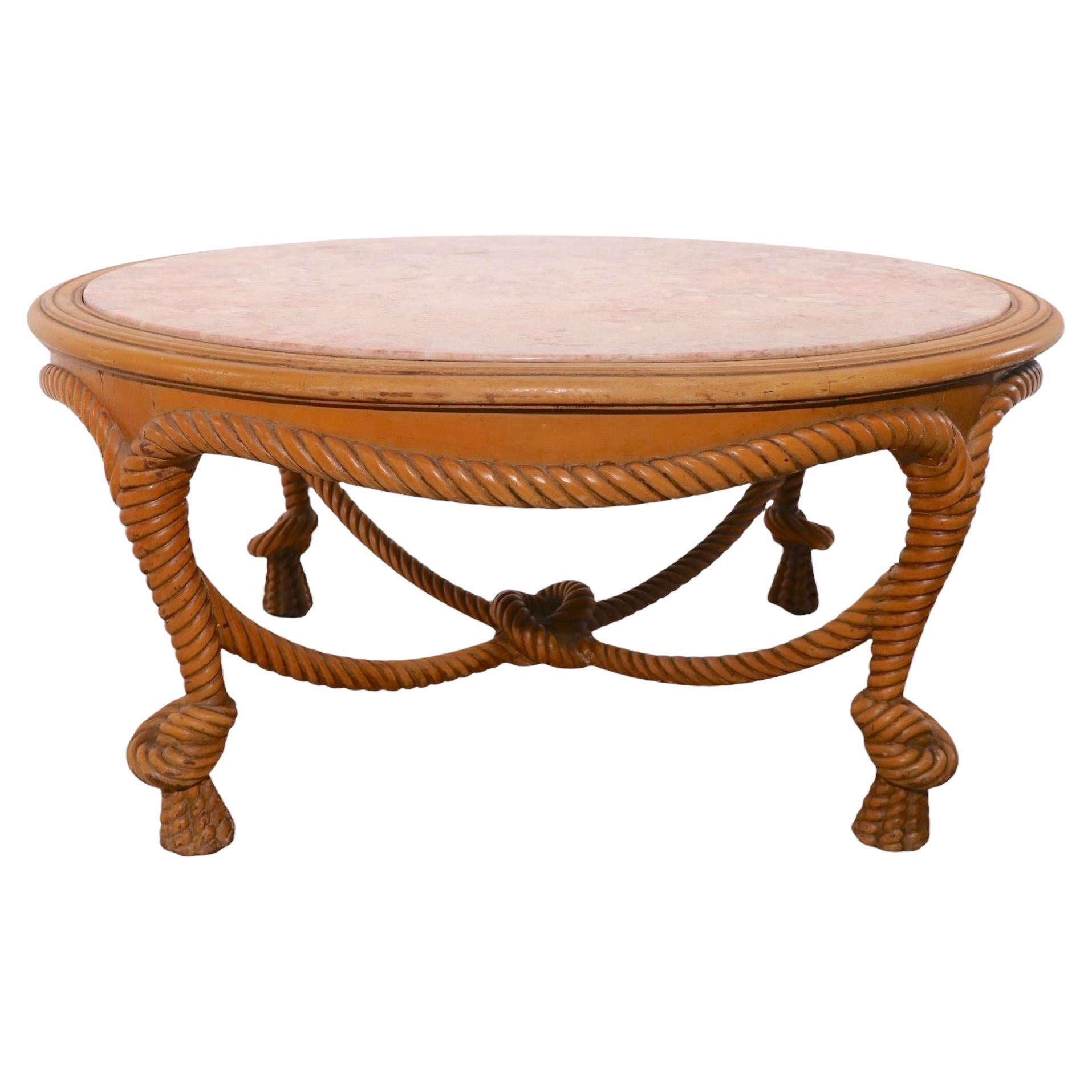 Carved Wood Rope Twist and Rouge Marble Top Coffee Table For Sale