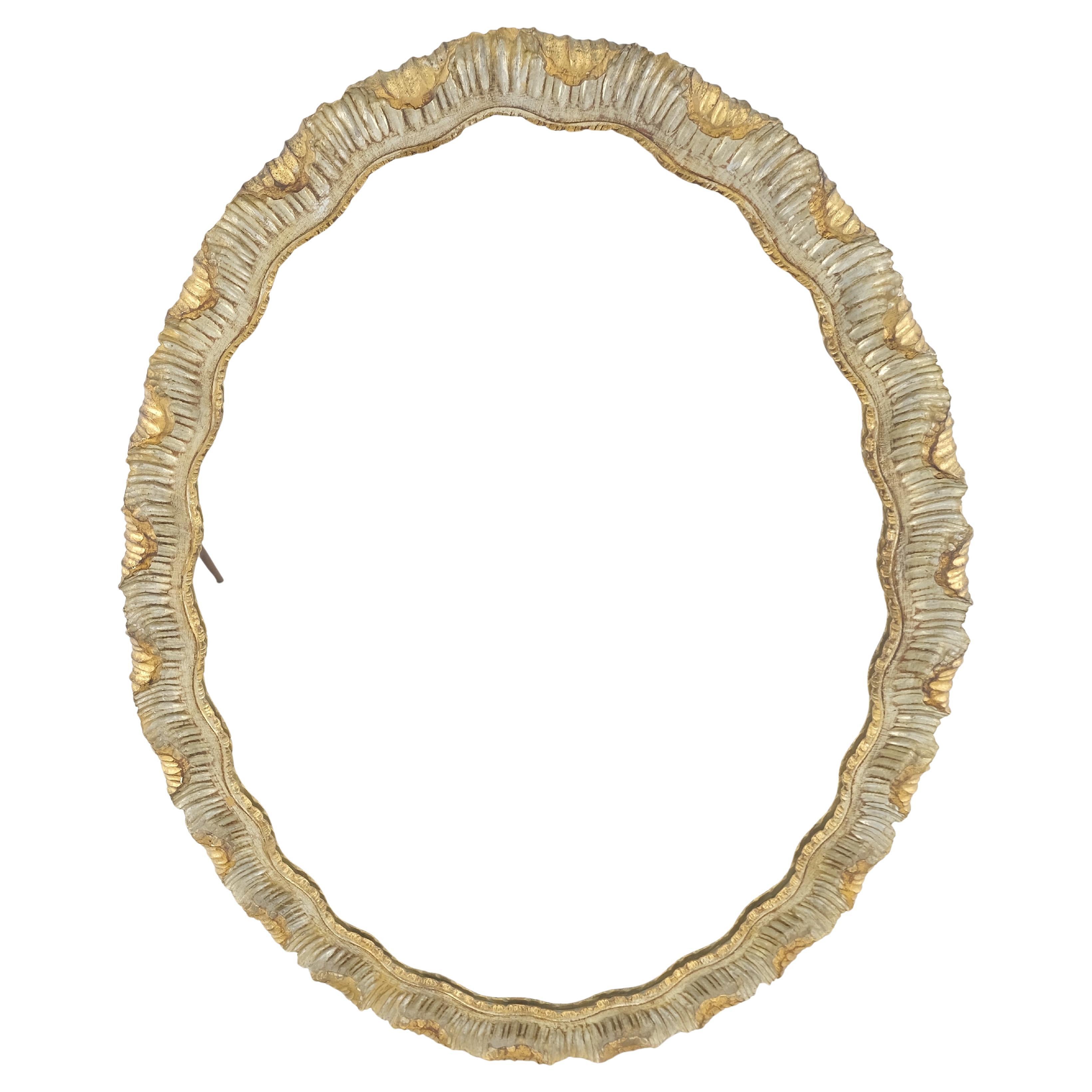 Holz geschnitzt Jakobsmuschel Stil Silber & Gold vergoldet Oval c1970s Wandspiegel MINT! (Hollywood Regency) im Angebot