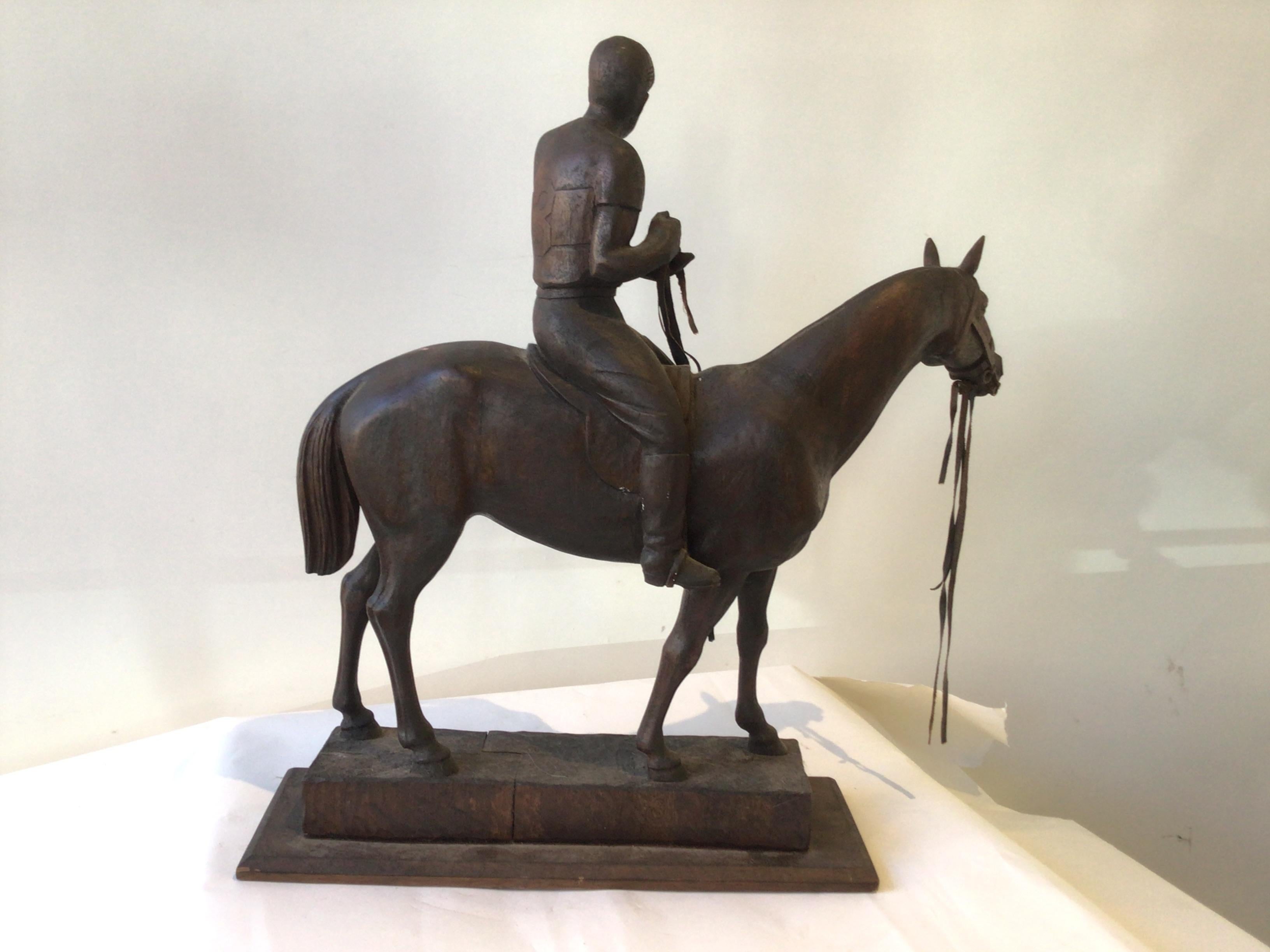 Carved Wood Sculpture Of Juan Carlos Harriott On His Polo Pony, By E. Dombrowe In Good Condition For Sale In Tarrytown, NY
