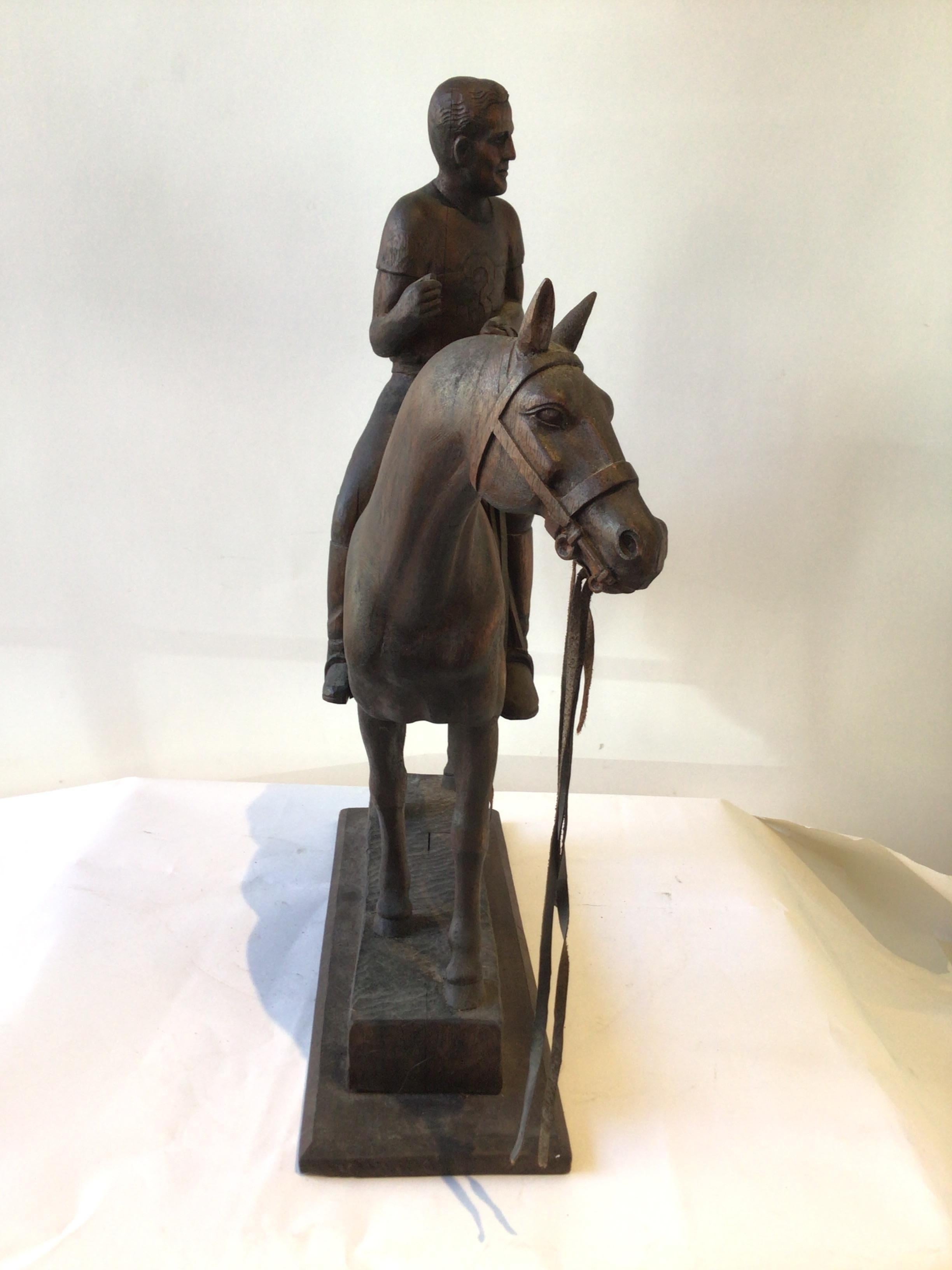 Late 20th Century Carved Wood Sculpture Of Juan Carlos Harriott On His Polo Pony, By E. Dombrowe For Sale