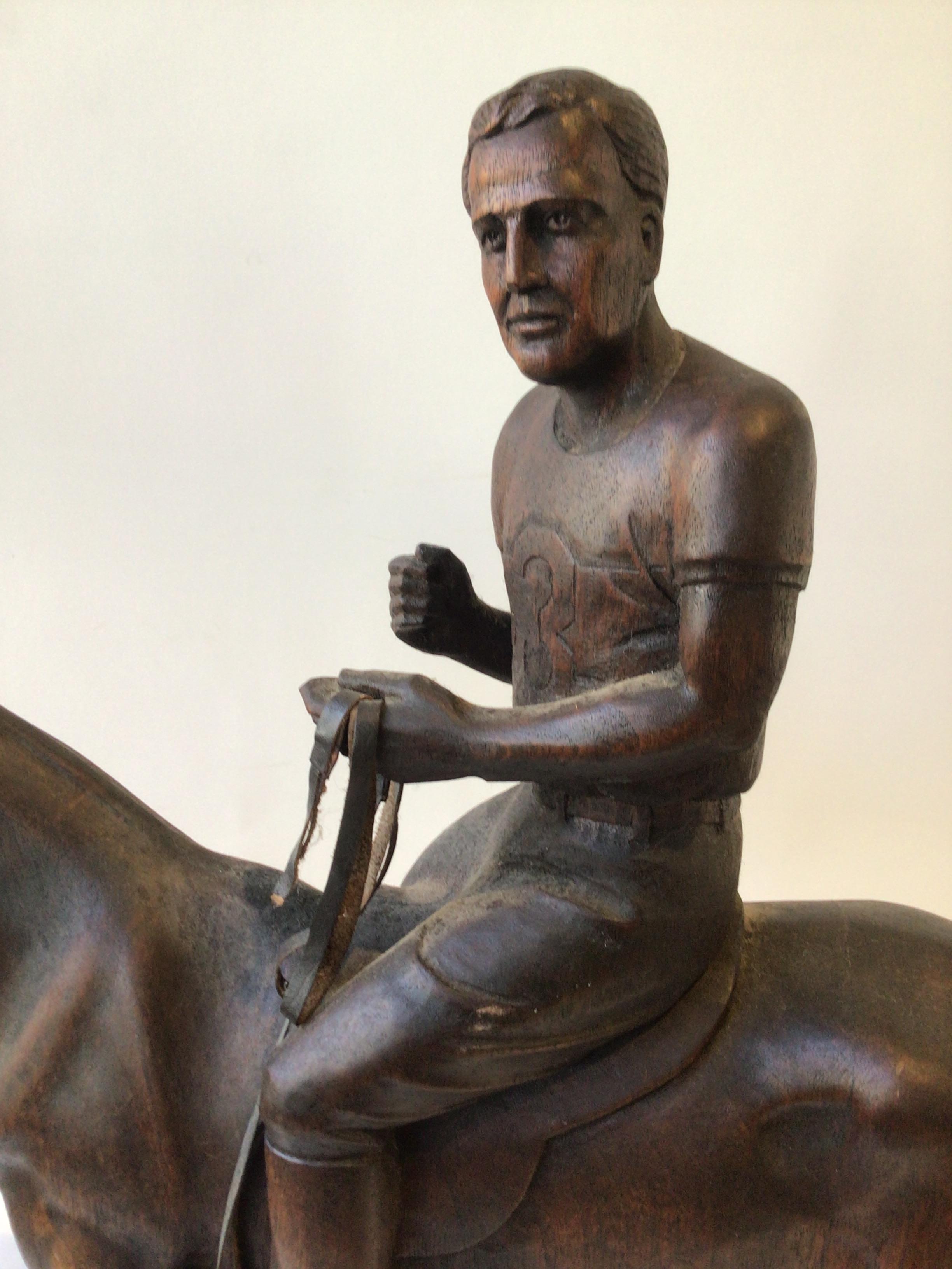 Carved Wood Sculpture Of Juan Carlos Harriott On His Polo Pony, By E. Dombrowe For Sale 1