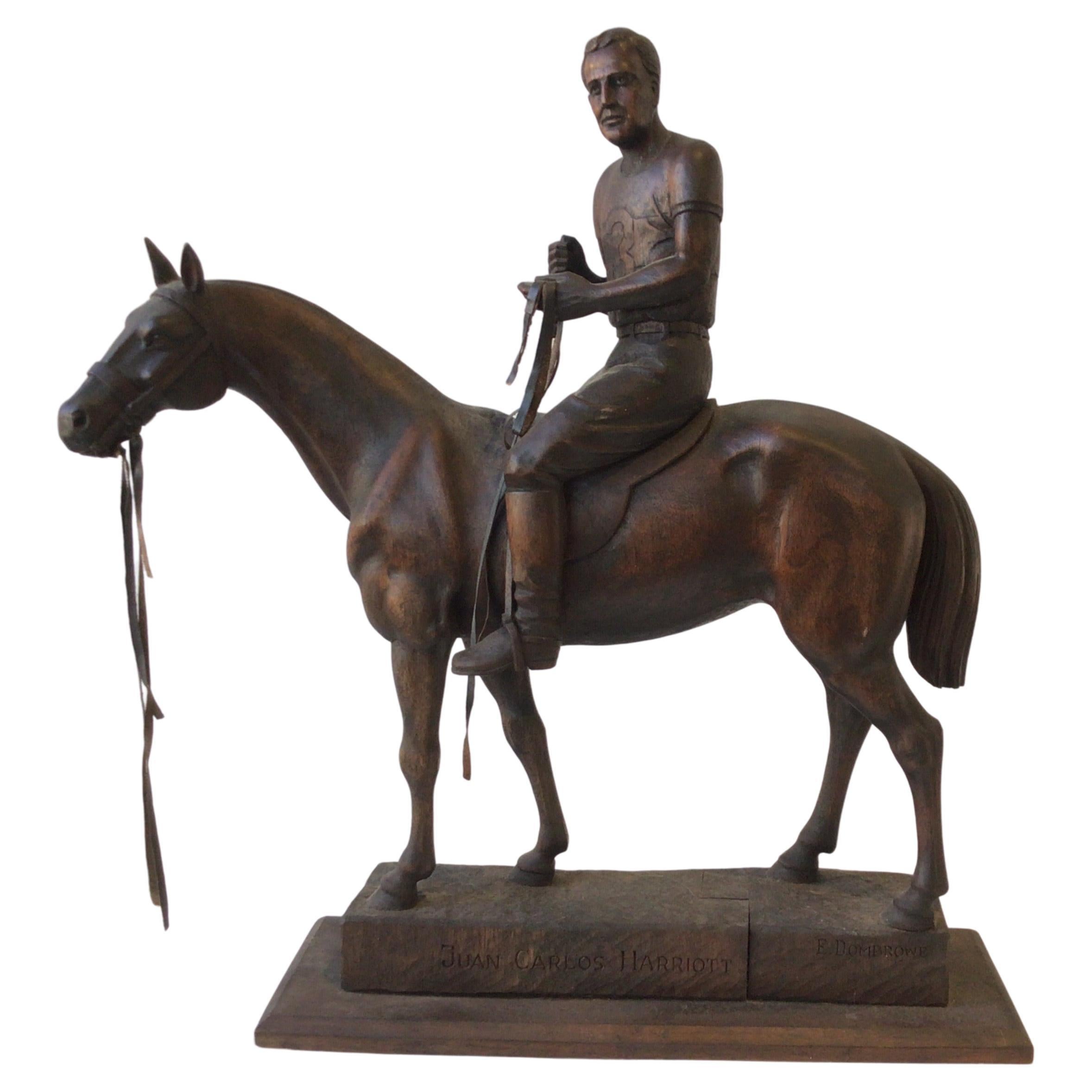 Carved Wood Sculpture Of Juan Carlos Harriott On His Polo Pony, By E. Dombrowe For Sale