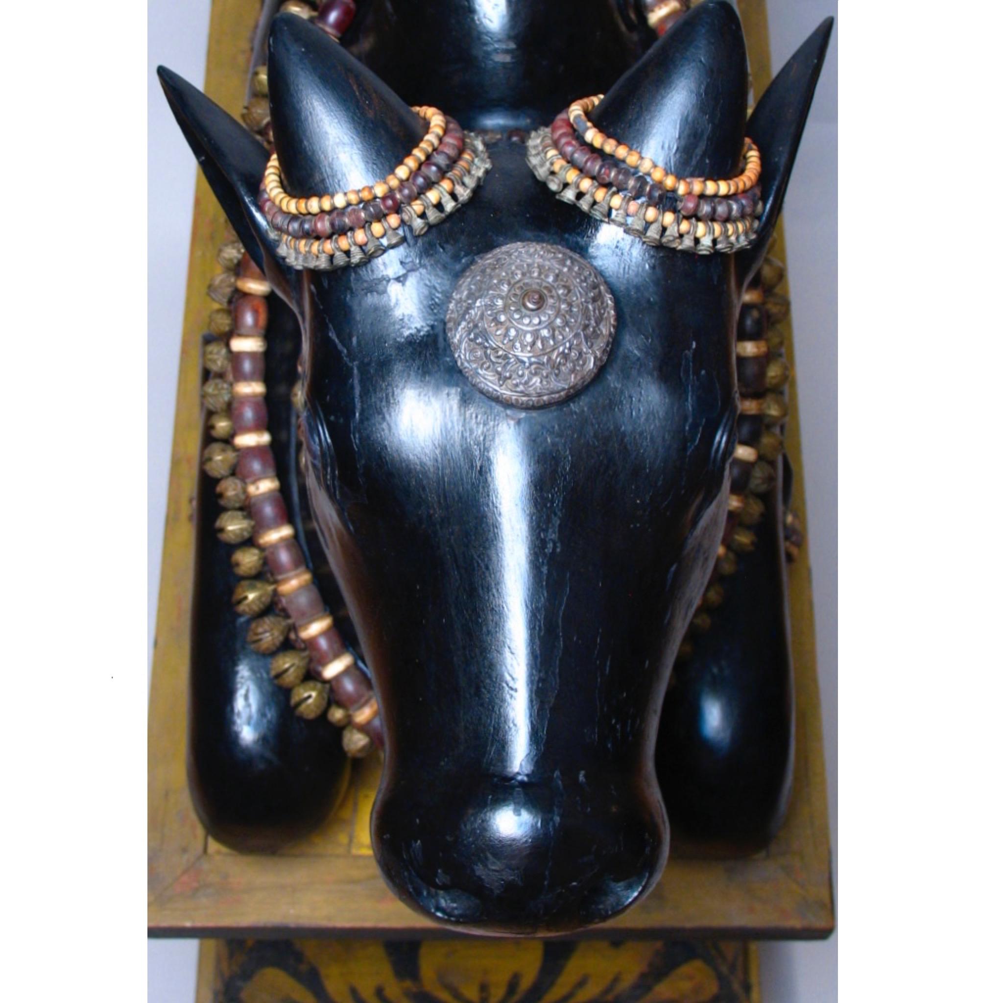 Carved Wood Sculpture of the Hindu Deity Nandi With Pedestal, Circa 1920 For Sale 2