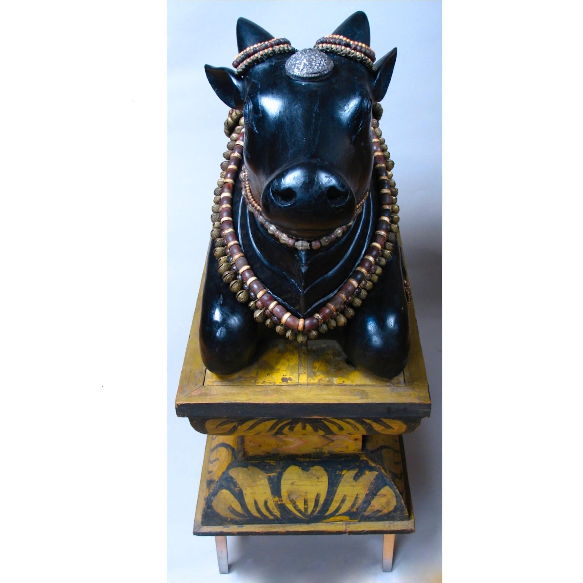 Carved Wood Sculpture of the Hindu Deity Nandi With Pedestal, Circa 1920 For Sale 3