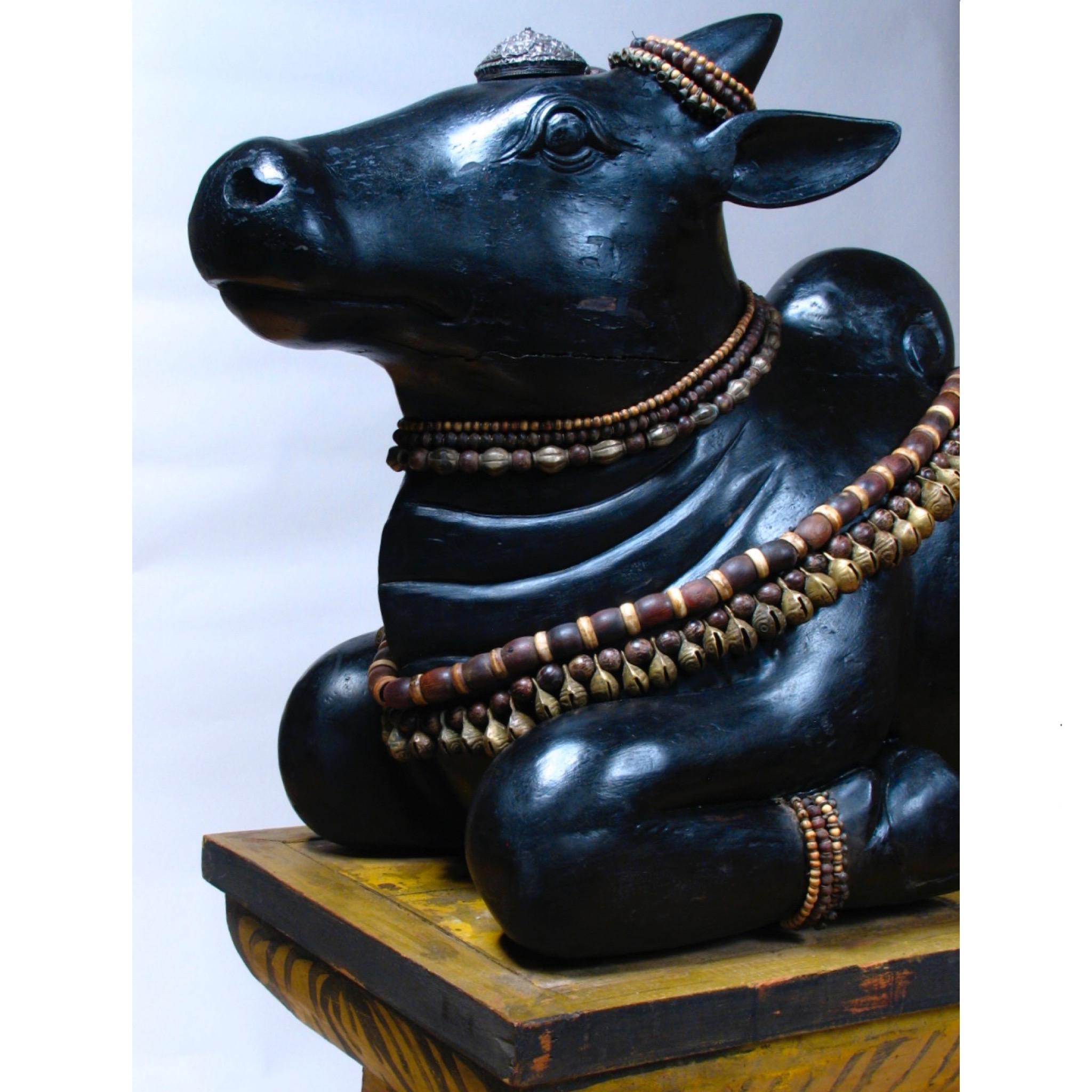 Carved Wood Sculpture of the Hindu Deity Nandi With Pedestal, Circa 1920 For Sale 4