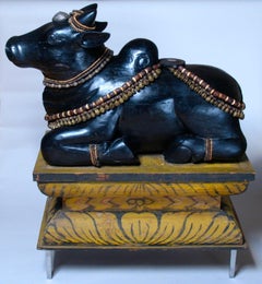 Carved Wood Sculpture of the Hindu Deity Nandi With Pedestal, Circa 1920