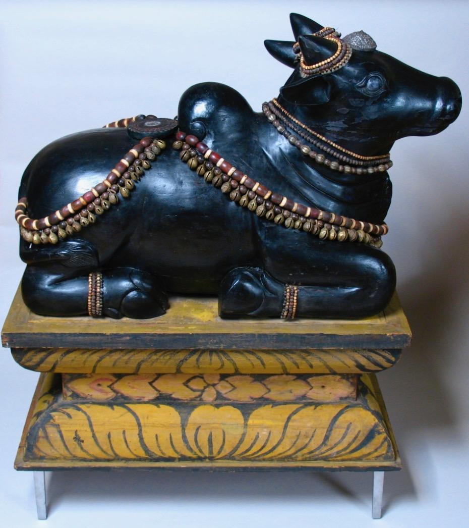 Hand-Crafted Carved Wood Sculpture of the Hindu Deity Nandi With Pedestal, Circa 1920 For Sale